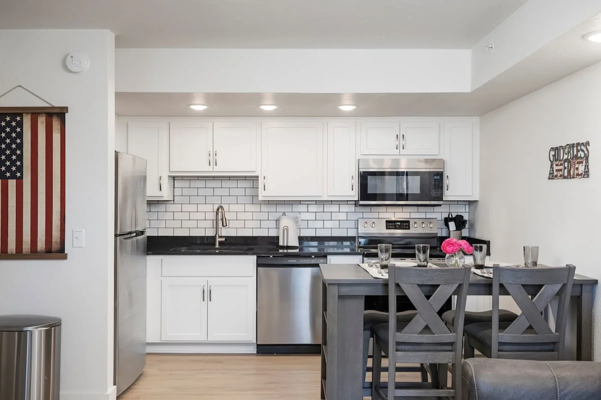 You’ll find plenty of prep space on the countertops, along with all the cookware, bakeware, dishware, flatware, glassware, serving-ware, and utensils you need to prepare and serve your favorite meals.