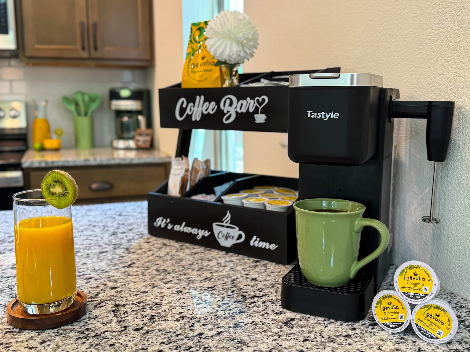 Wake up to the aroma of possibility at the fully stocked coffee bar—featuring single-serve brewers with frothers, full-pot options for a crowd, and a variety of sweeteners to suit every taste. Whether it’s a slow morning ritual or a midday pick-me-up
