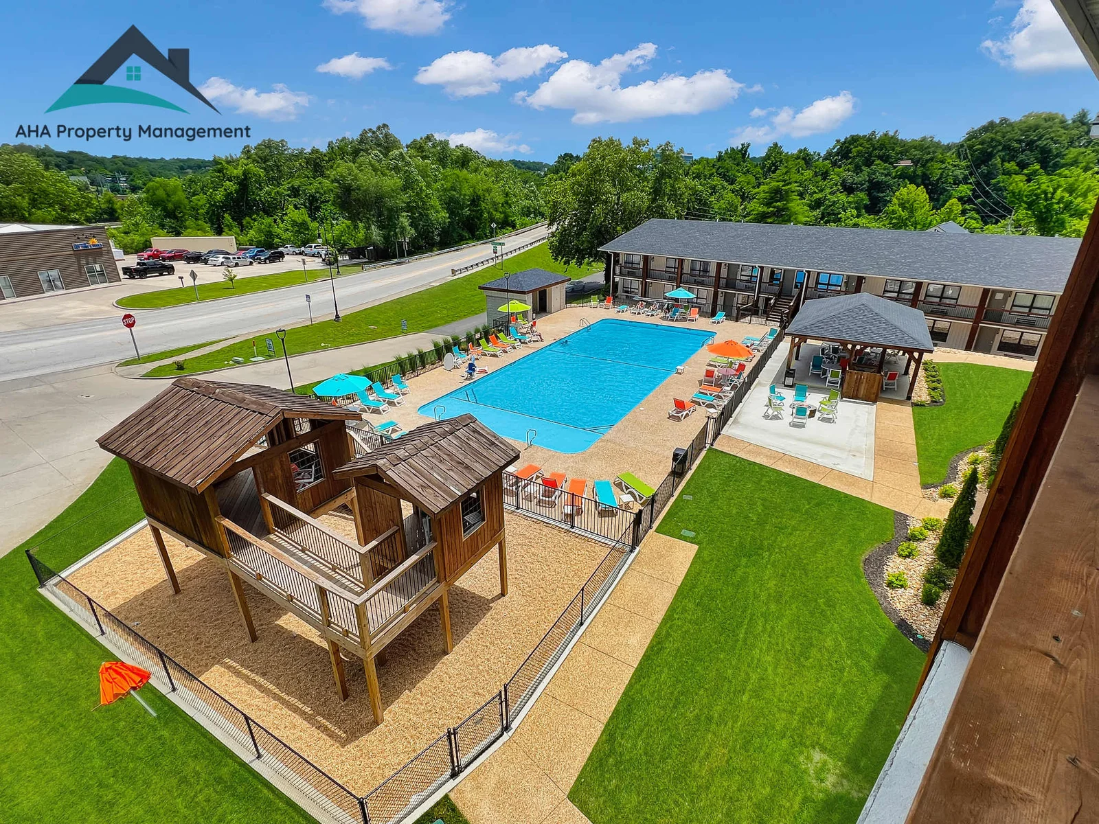 One of Branson's most beautiful pools with lounge chairs, gazebo, firepit and children's play area. Open Memorial day to Labor day.