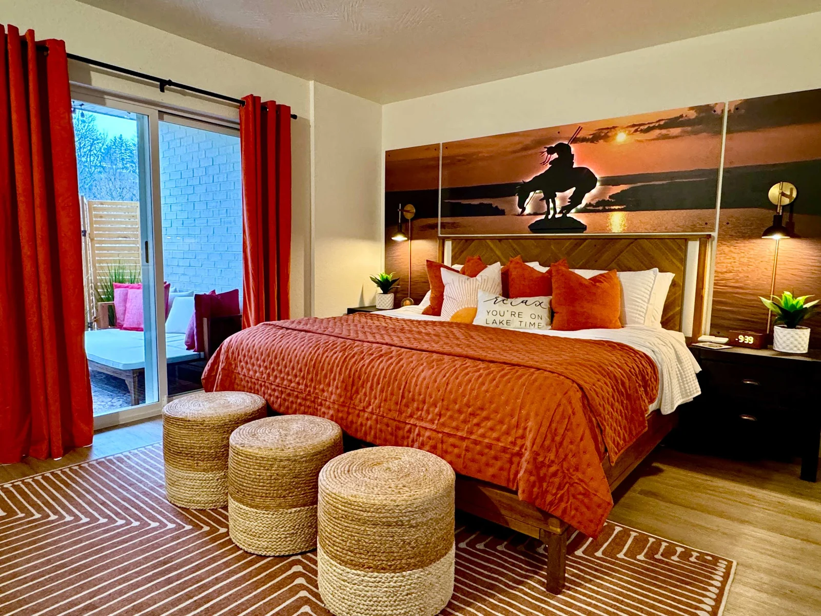 Just outside the bedroom is a cozy, private patio for your enjoyment, complete with a fire table and view of Roark Creek.
