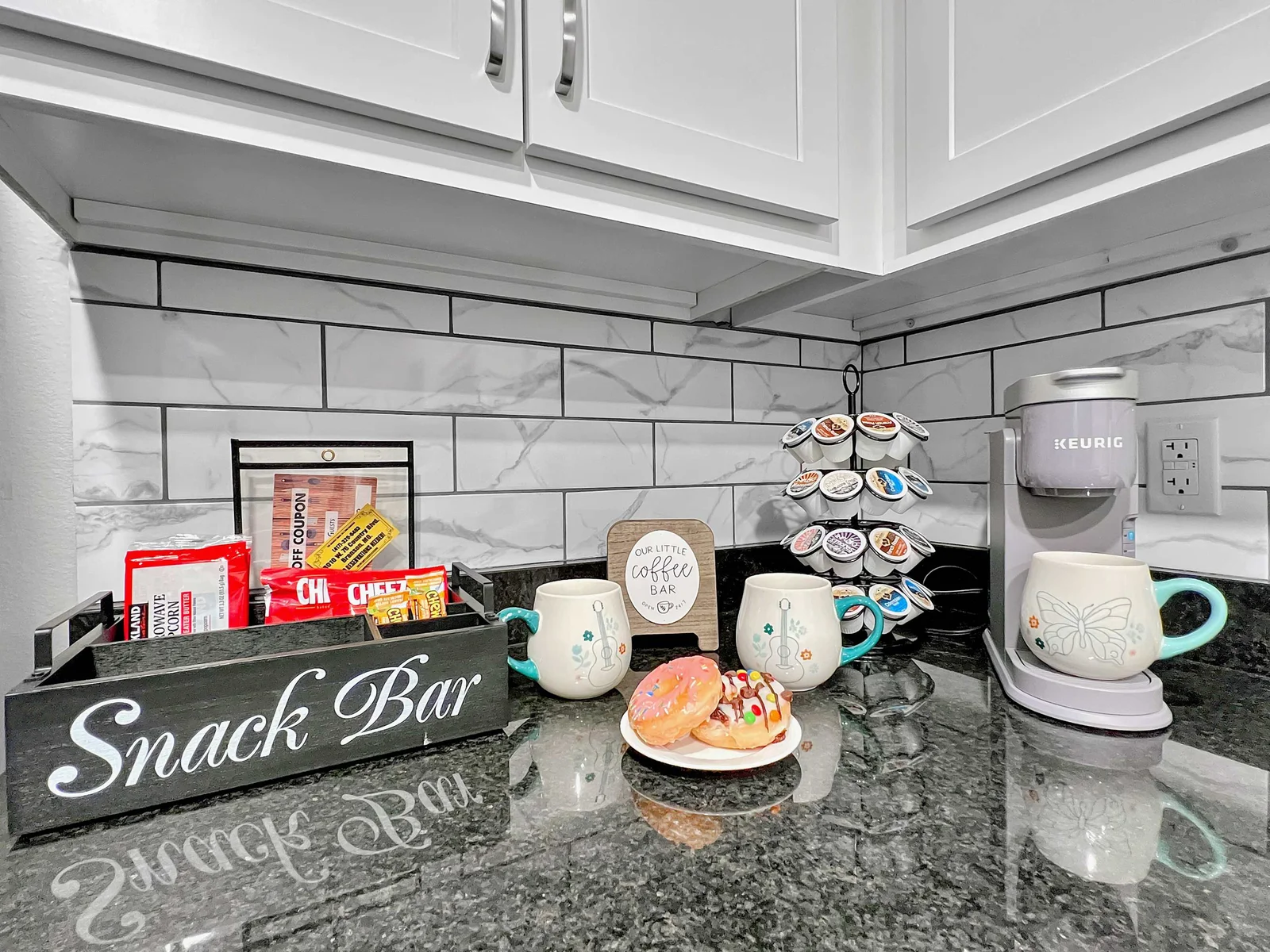 Our coffee bar includes a Keurig coffee machine and a good assortment of Kcups for you to enjoy!!