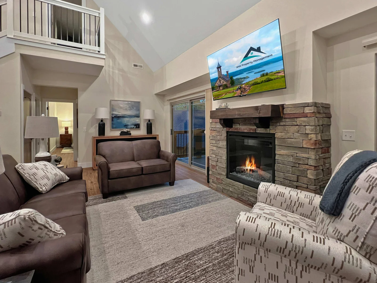 Luxury furnishings and comfy fireplace