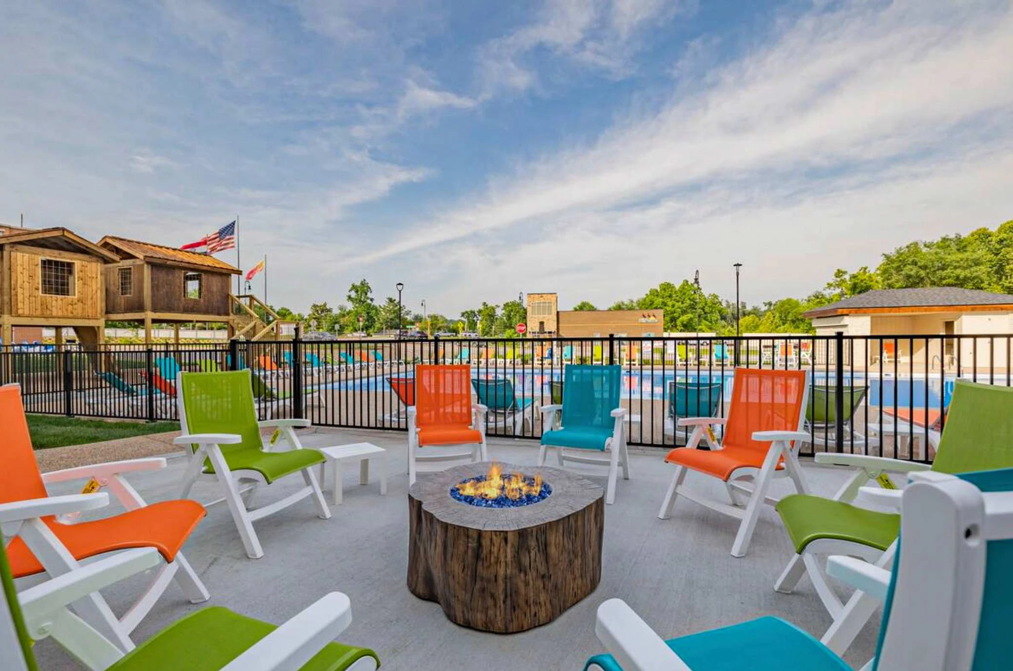 Firepit with lounge chairs for a relaxing evening around the fire with family and new friends.