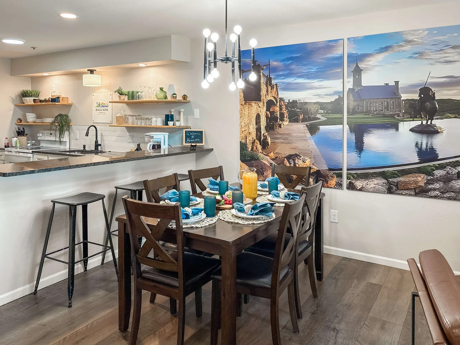 The kitchen island has 3 bar seats and extra space for preparing meals.