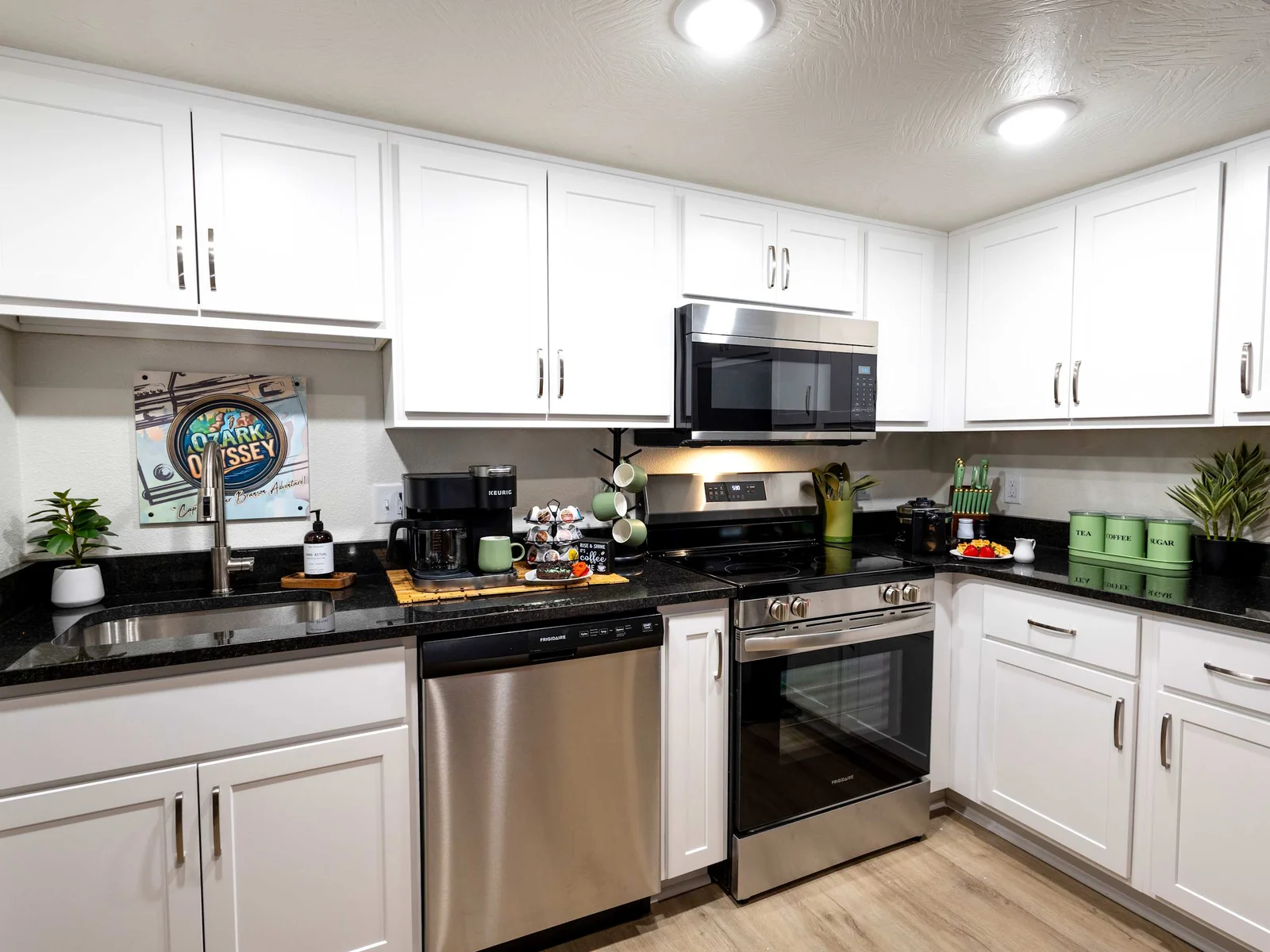 Ozark Odyssey has a modern, full-size kitchen with all brand new stainless appliances and everything you could need during your stay.