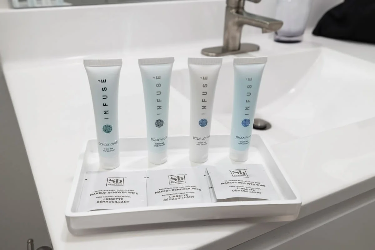 Nice selection of shampoo, conditioner, makeup remover etc