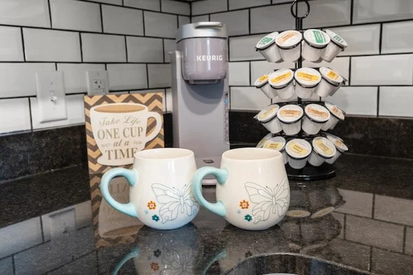 Our coffee bar includes a Keurig coffee machine and a good assortment of Kcups for you to enjoy!!