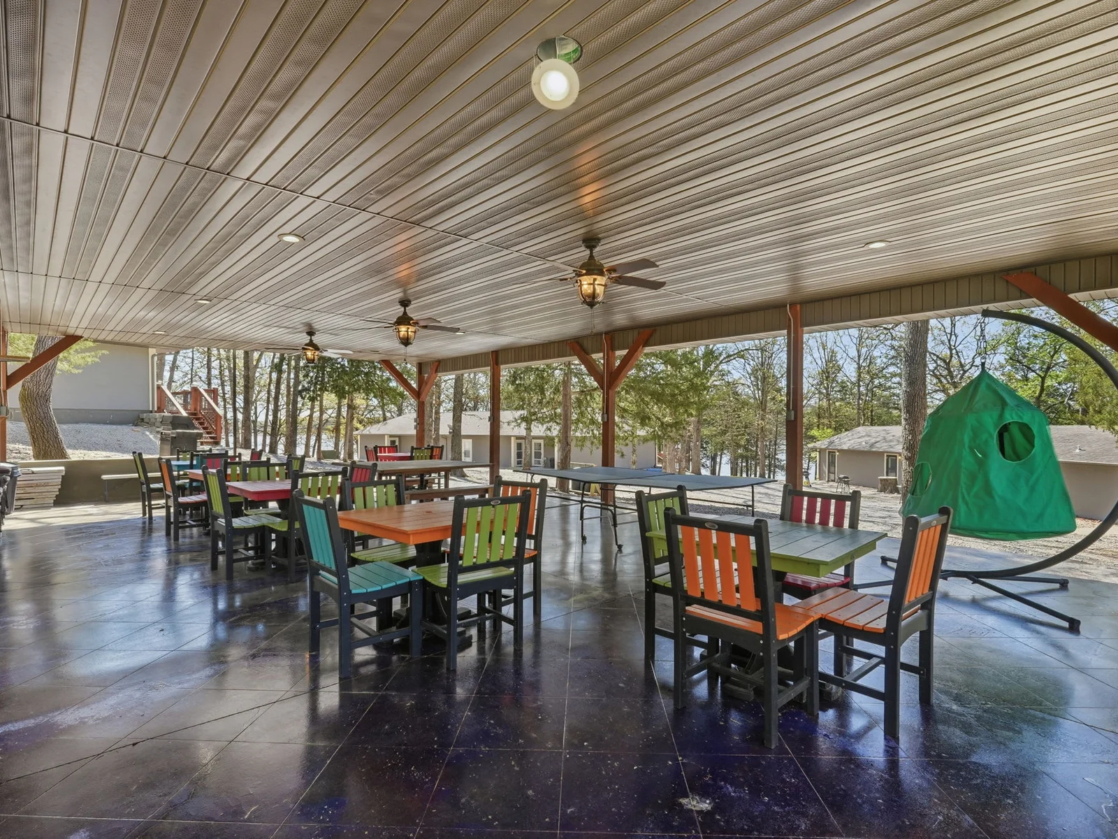 Shared pavilion area with tables and games