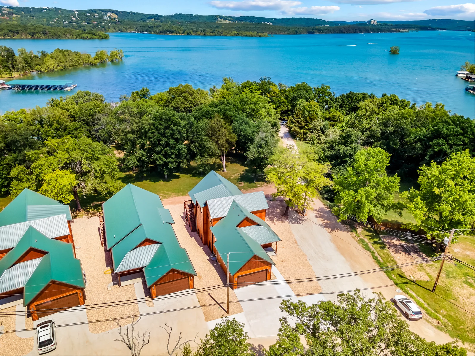 Last lodge in the development located next to the road that leads to a boat dock