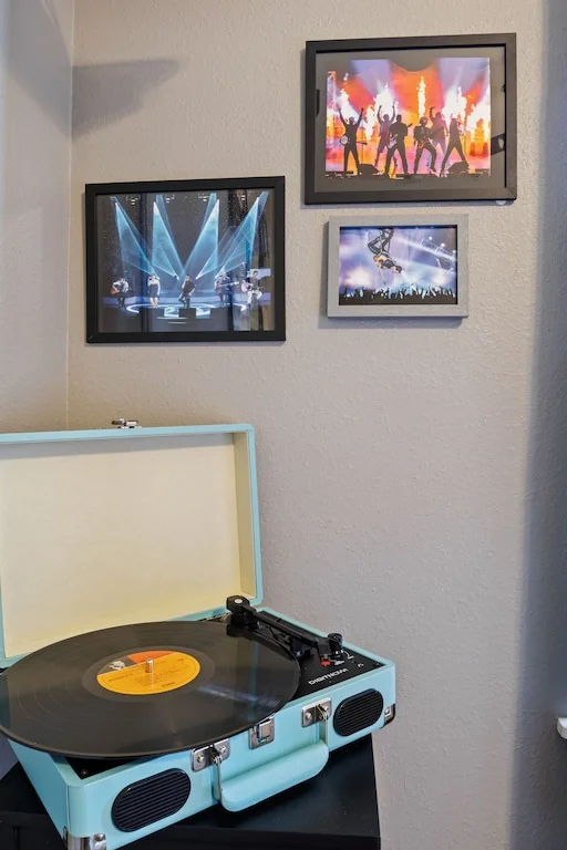 Vintage record player and collection of LPs