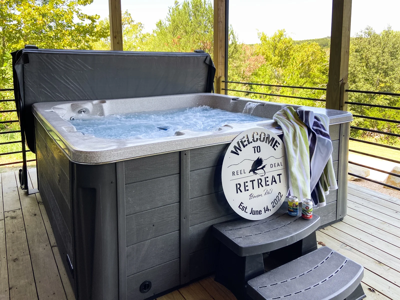Luxurious hot tub overlooking the lake