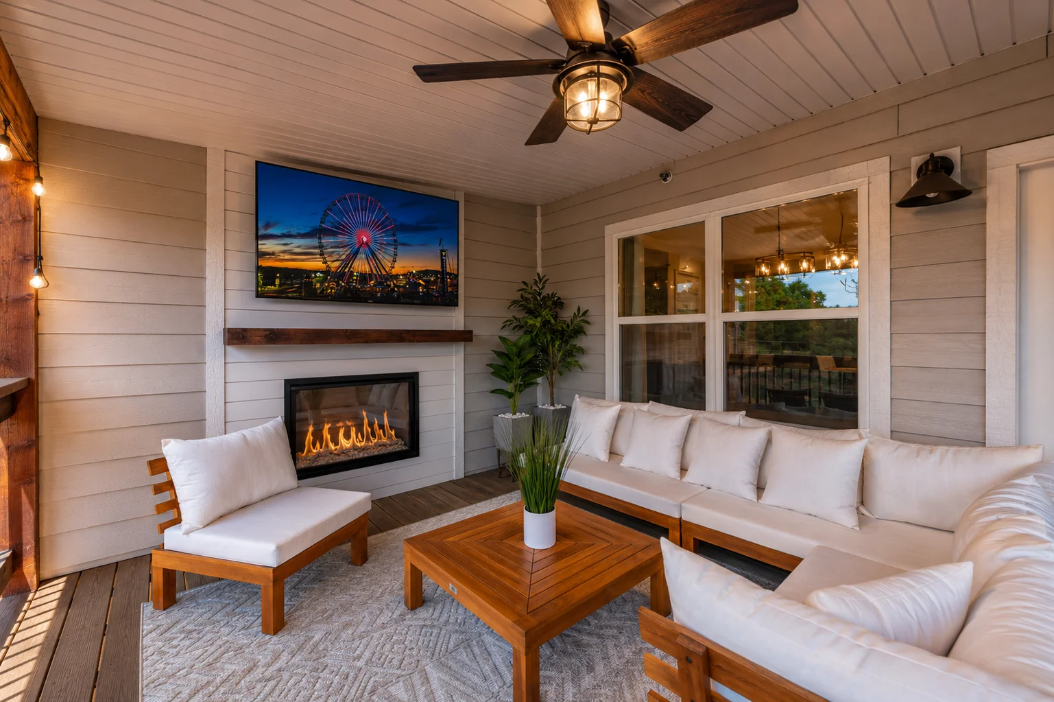 Watch a movie around the outdoor fireplace while enjoying a summer night!