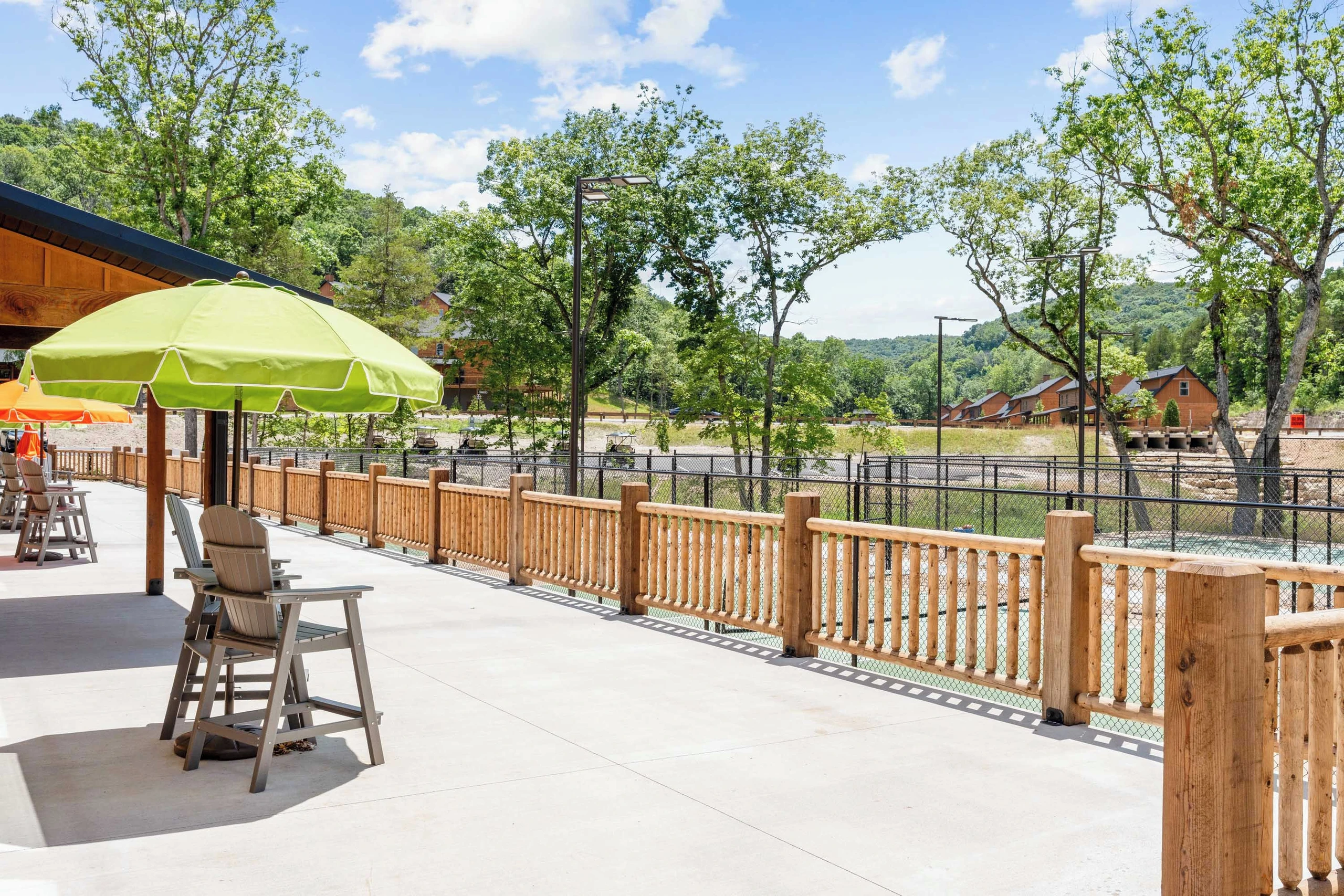 Sitting area overlooking sports courts.