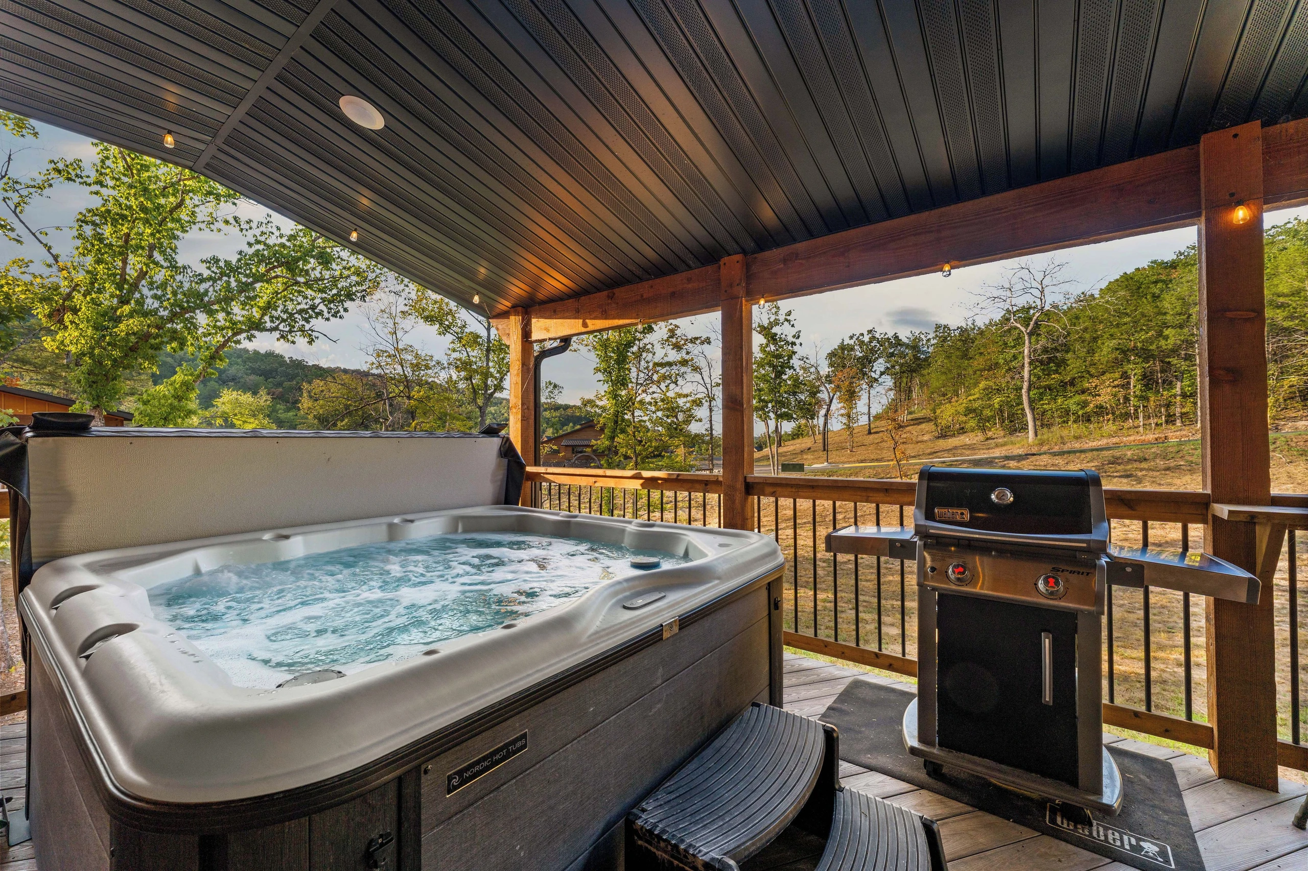 Nordic Jubilee 6 person hot tub. Relax, grill, sit and eat all on a very private outdoor deck.