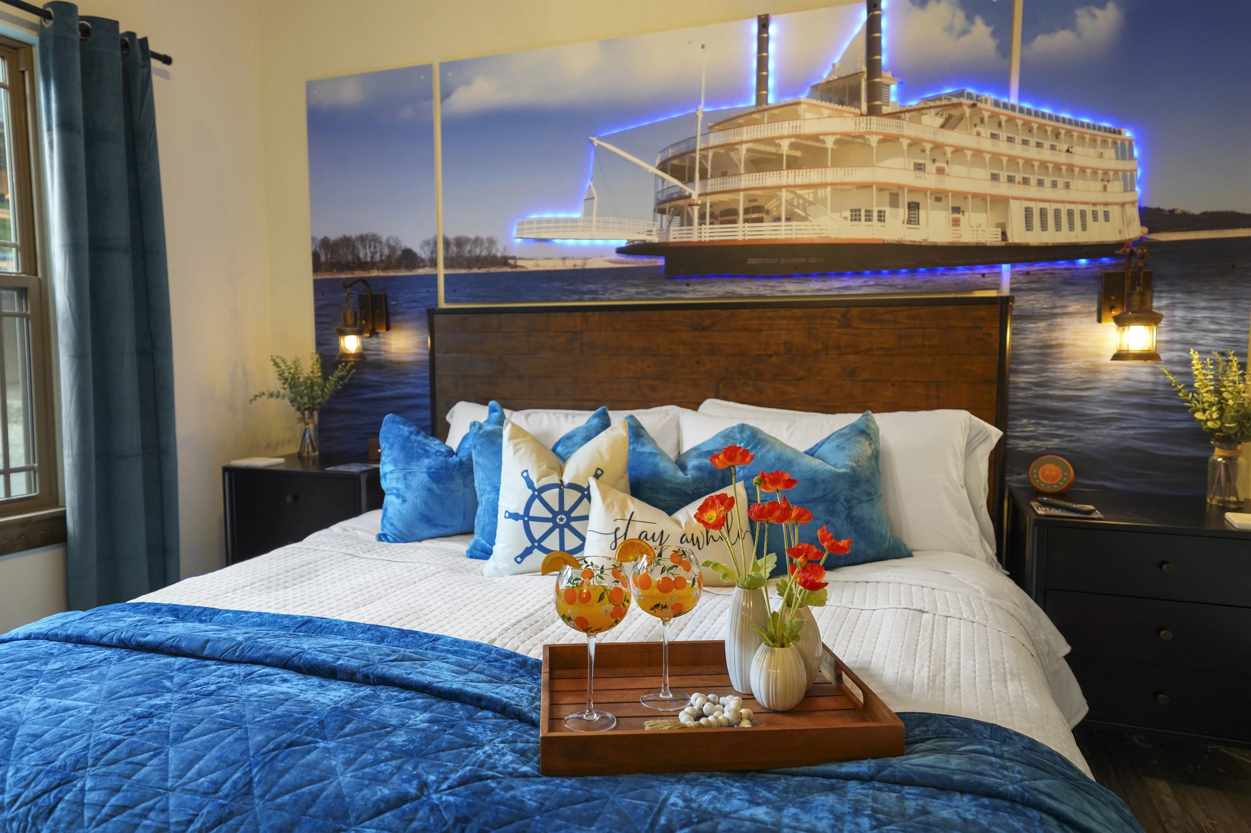 Custom lighting and luxury bedding makes it feel like a 5-star resort