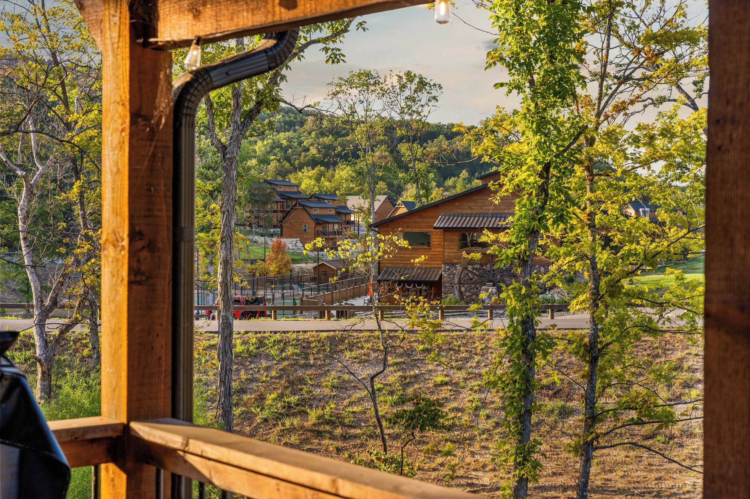 Great view from the deck of the wooden water wheel on the end of the indoor pool building.
