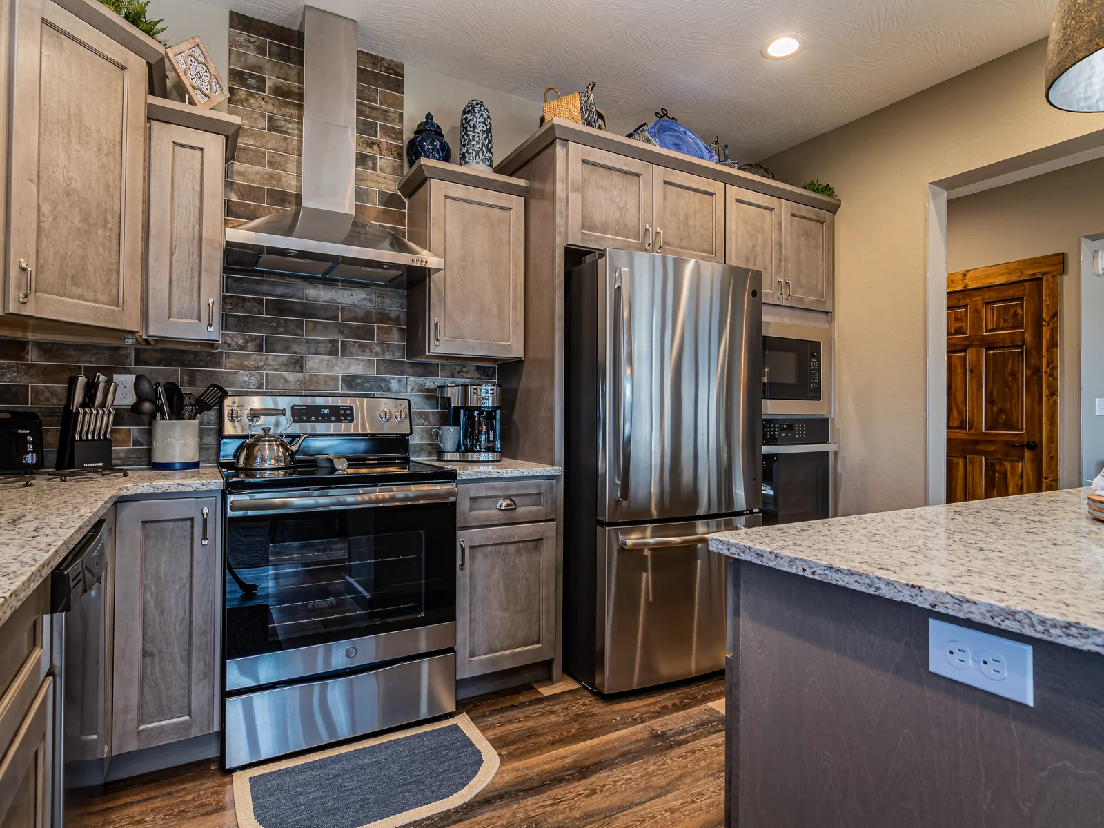 Our kitchen has a coffee pot, toaster, blender, toaster, crock pot, and griddle!