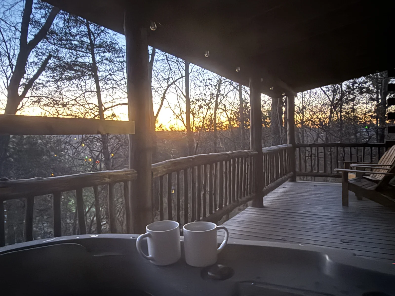 Watch the woods wake up while sipping coffee from the hot tub — pure morning magic