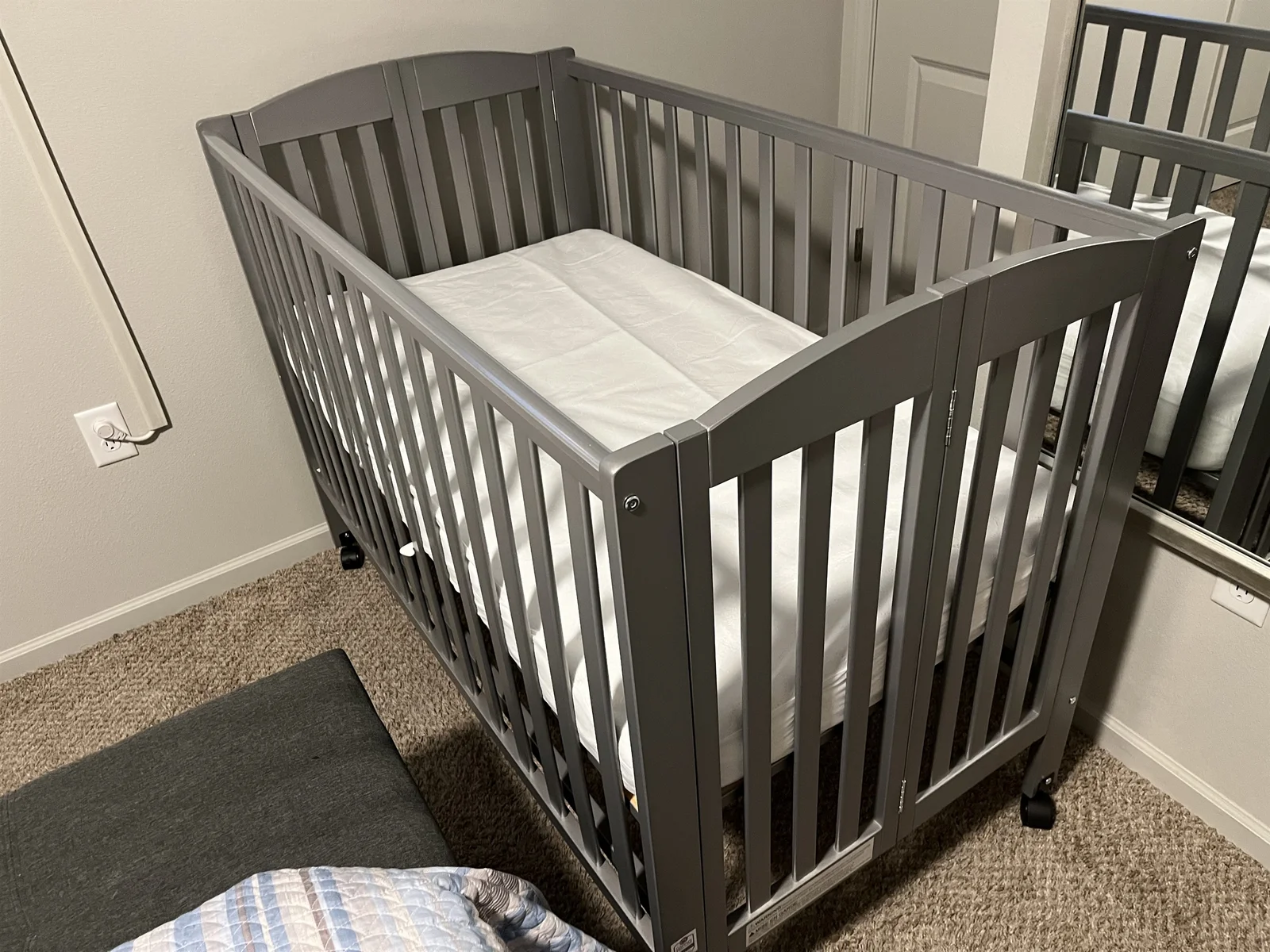 Crib provided for your little one. It is a travel model that folds. It is located in the master bedroom closet along with the mattress