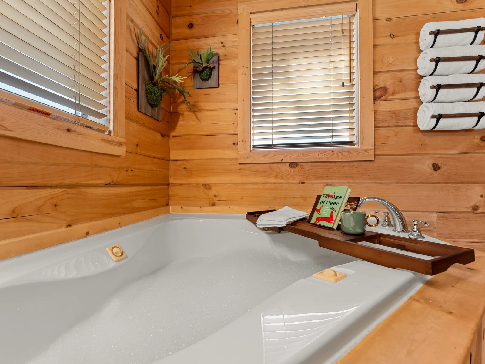 Jetted soaking tub in the primary bathroom. Set your book and mug on the bath tray and soak with the log walls all around.