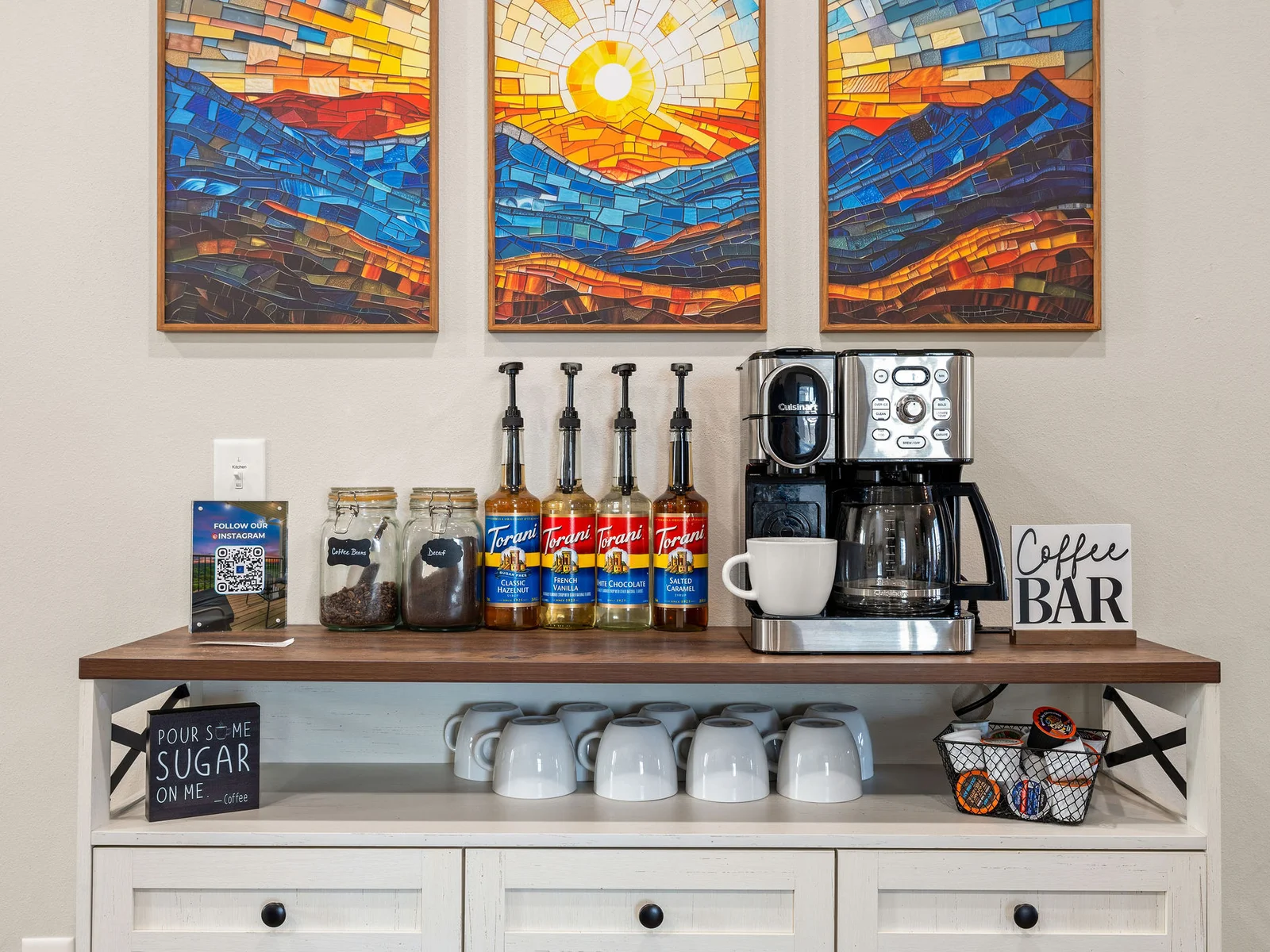 Your coffee bar is stocked and waiting — with K-cup display, drip option, everything you need to get the first cup of the day right. Complimentary, always fresh, no coffee shop required.