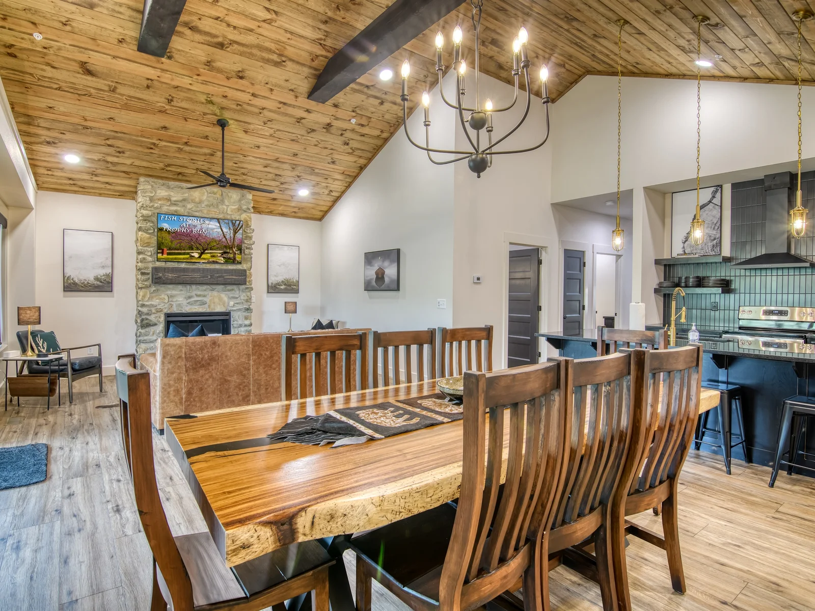 Kitchen, living, and dining open out onto the back deck