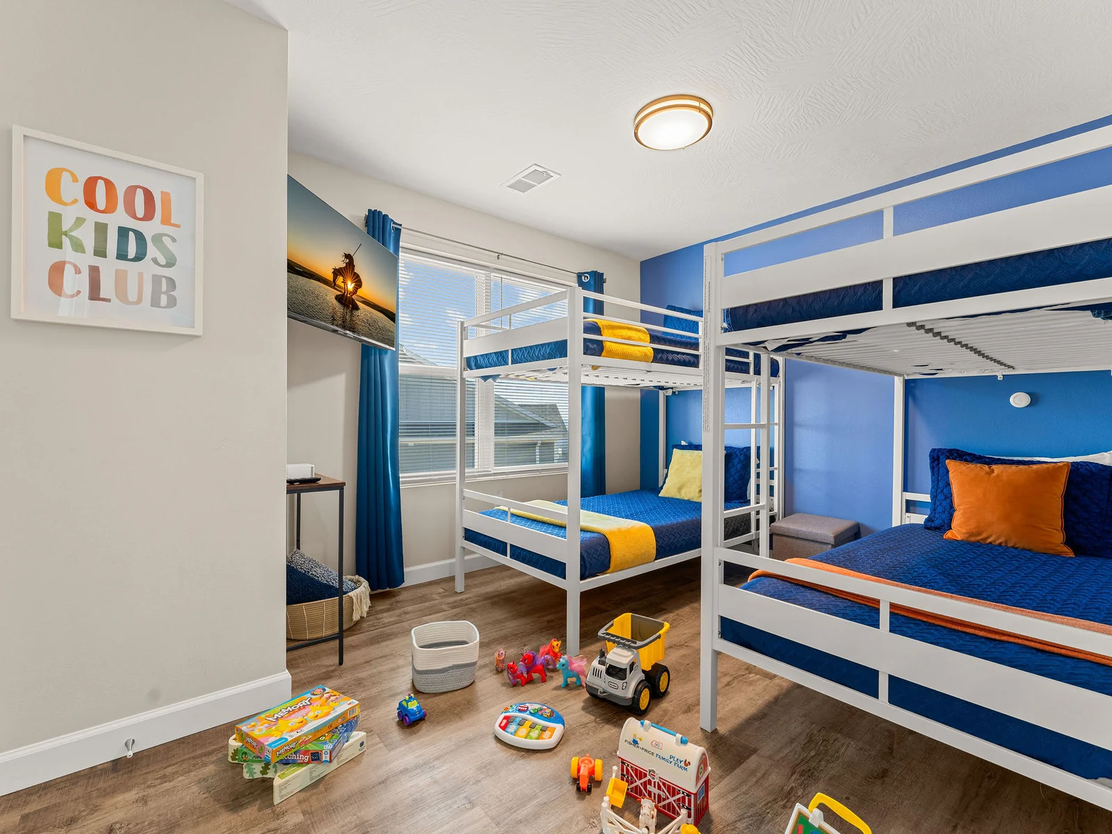 Let the kids pile into brand-new bunk beds and mattresses — this room is built to hold up to their energy.