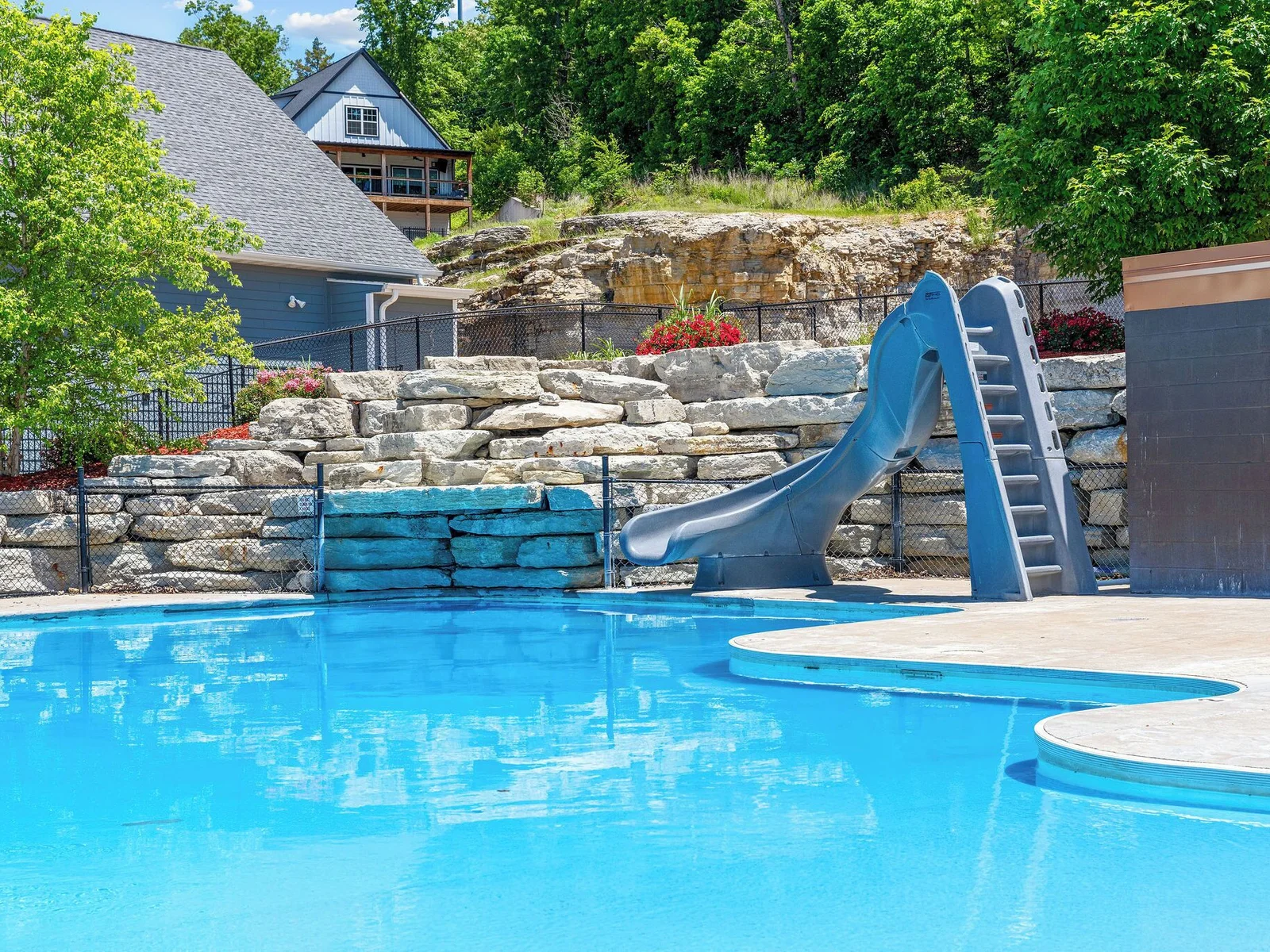The pool slide and waterfall!
