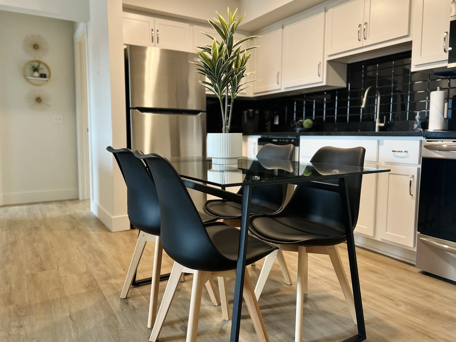 Modern kitchen dining table, seating four.