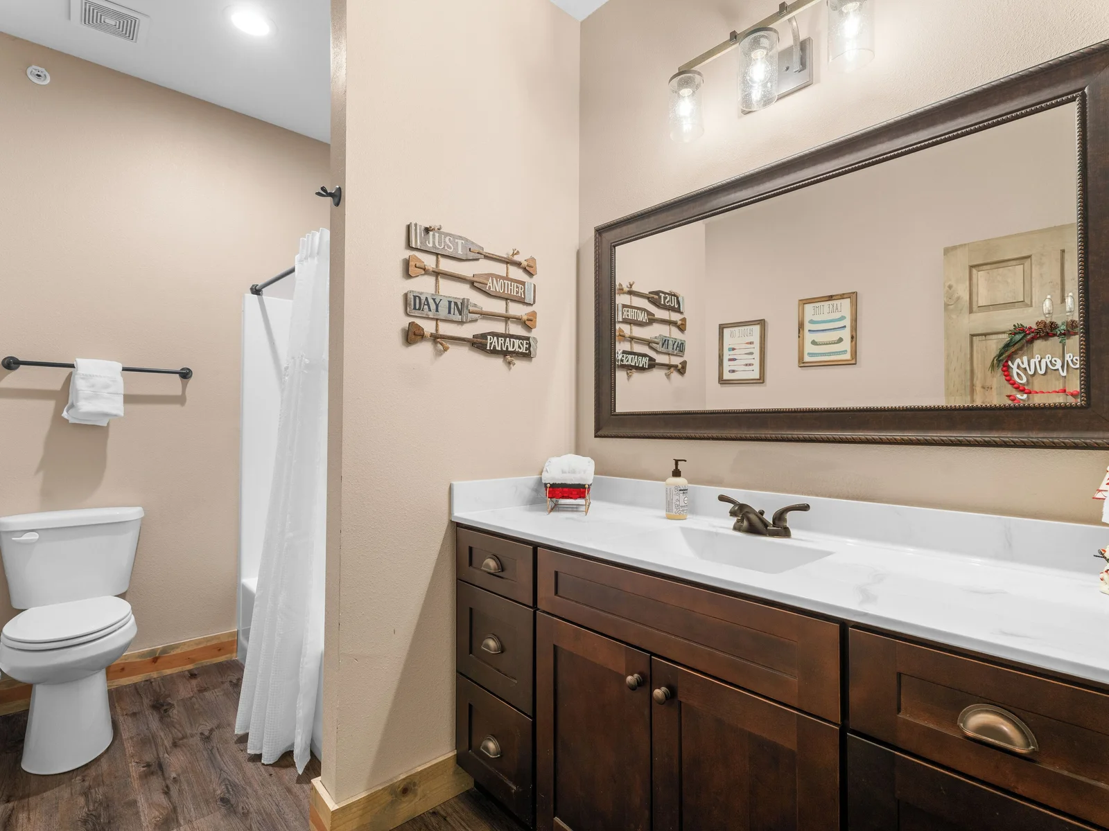 Full bathroom on main level. Open to all, but perfect for bunk room right across the hall.