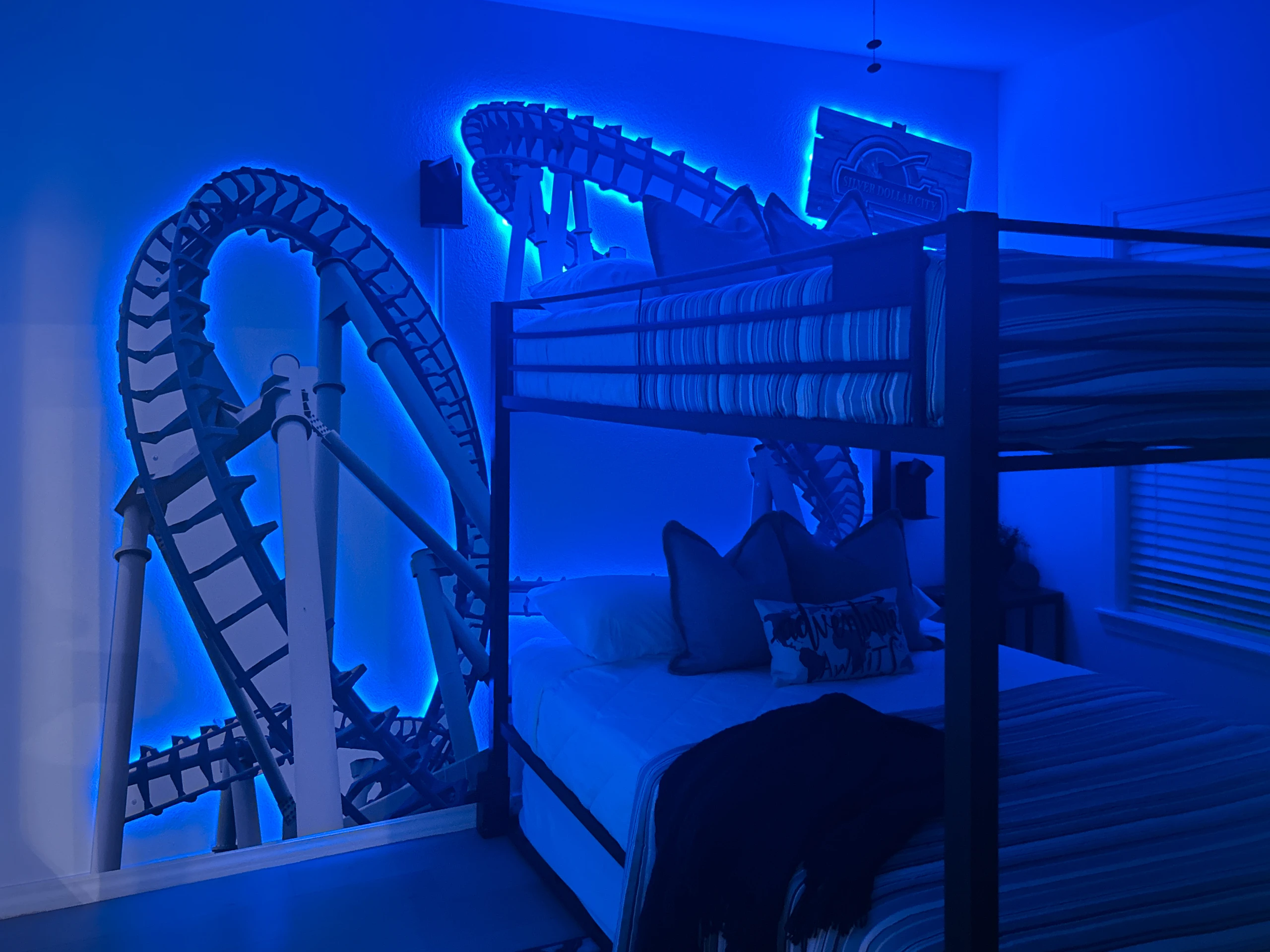 This room has specialty LED light features that make the roller coaster really pop!