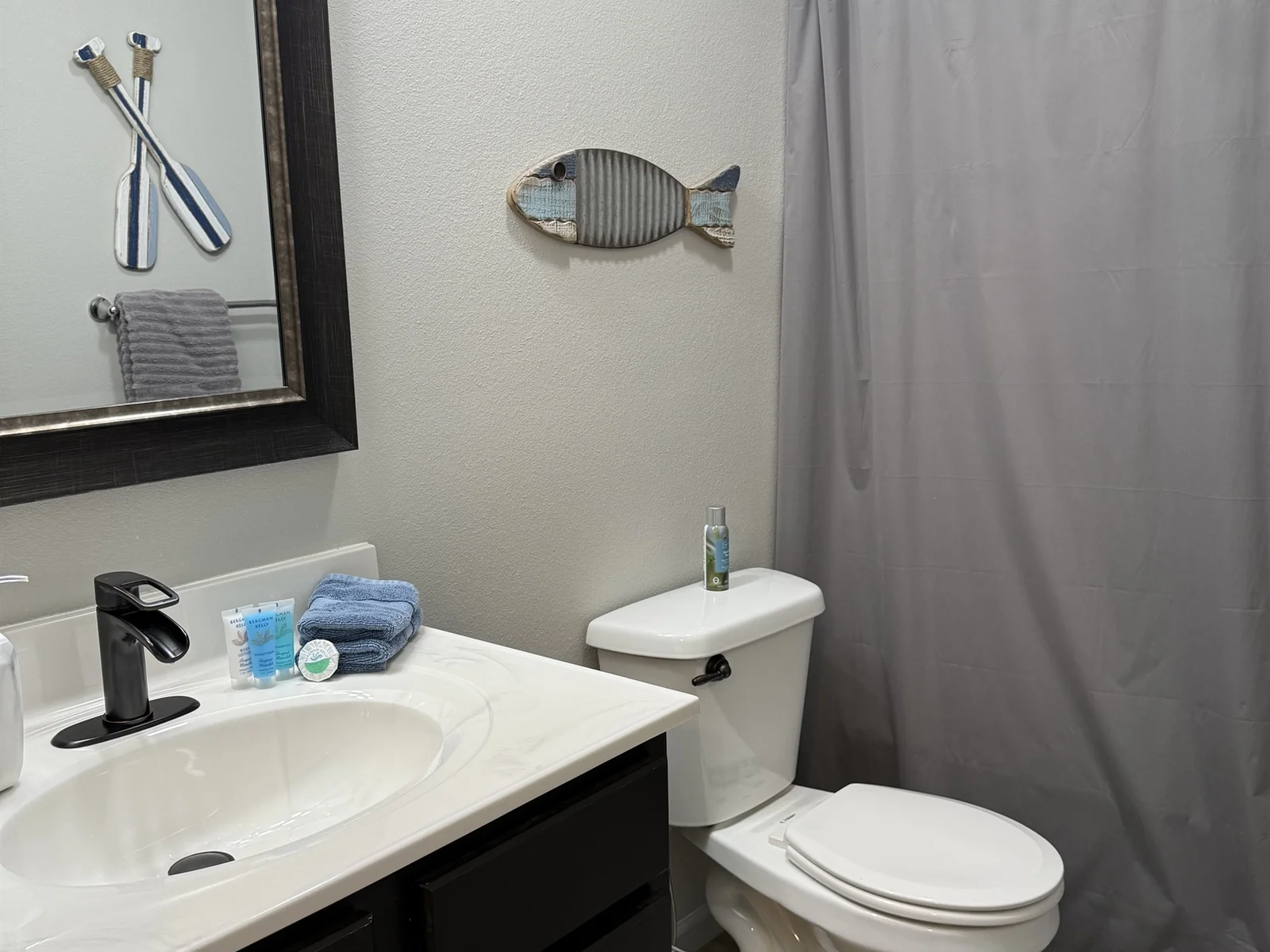 Master Bathroom, starter toiletries and hair dryer