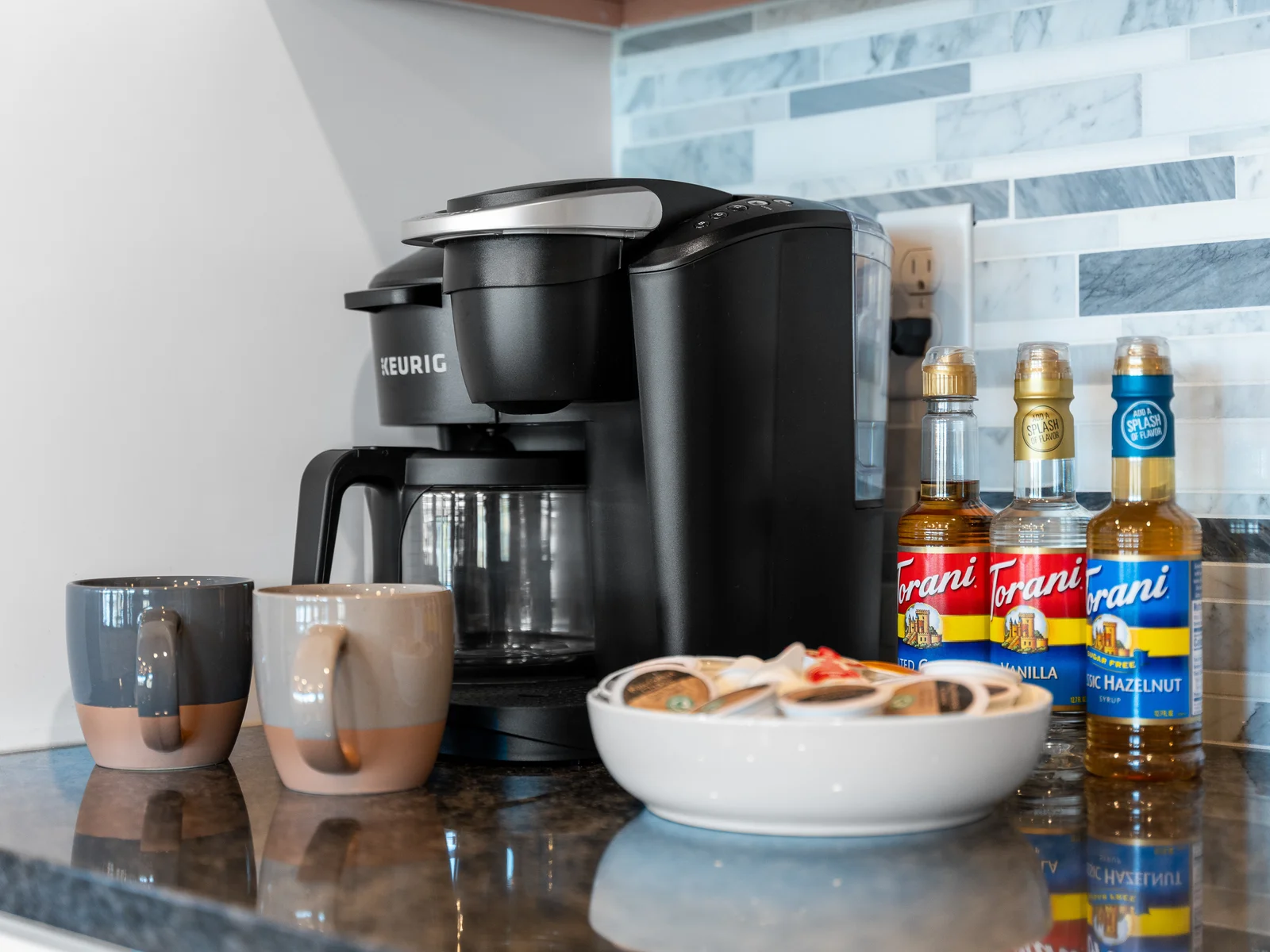 Coffee Corner: Brew your perfect cup and savor flavor with delightful syrups at your fingertips!