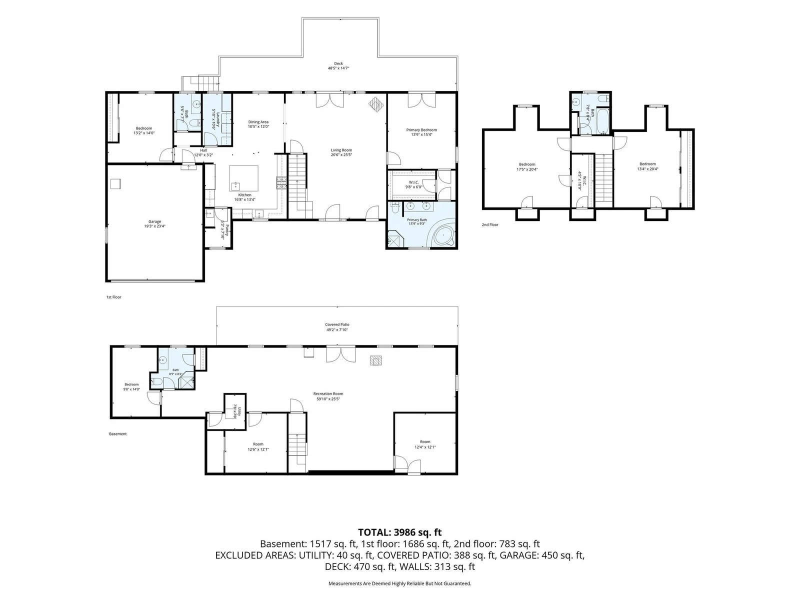 All three levels of Lost Woods Hideaway: 3,986 sq ft across basement (1,517 sq ft), first floor (1,686 sq ft), and second floor (783 sq ft). Sleeps up to 14.