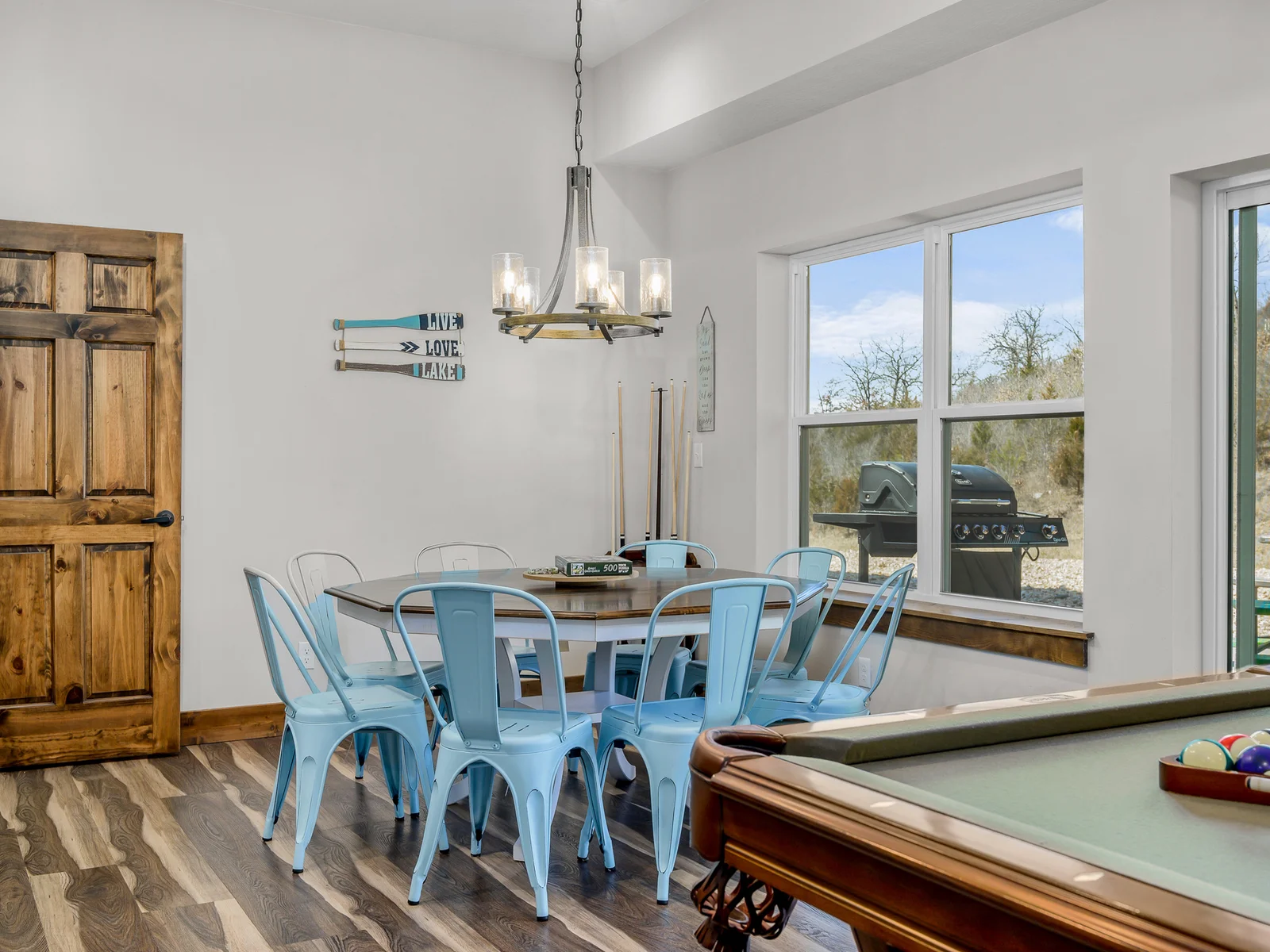 Seating for dining or game play on the lower level