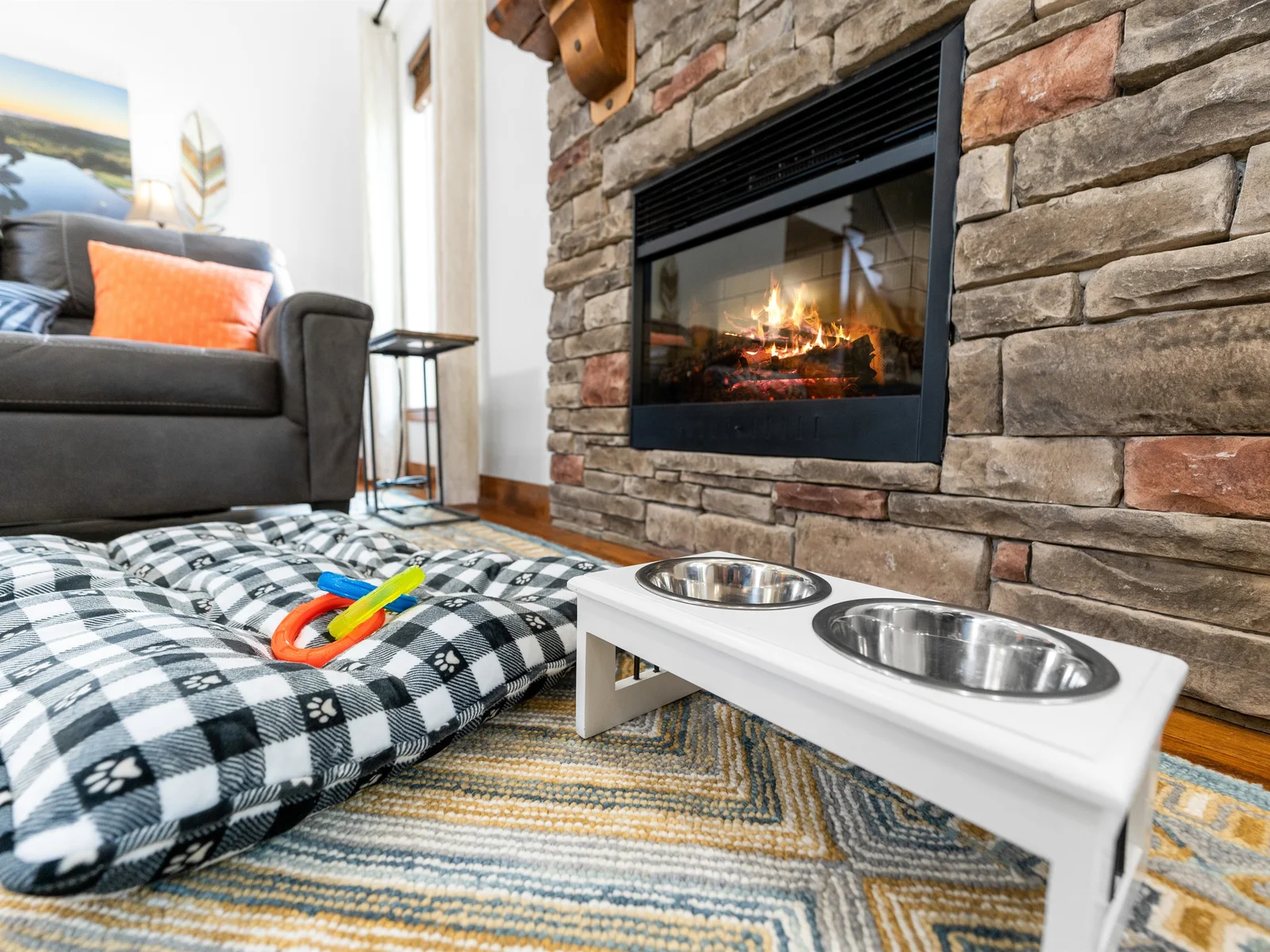 Dogs love to cozy up by the fireplace after a full day