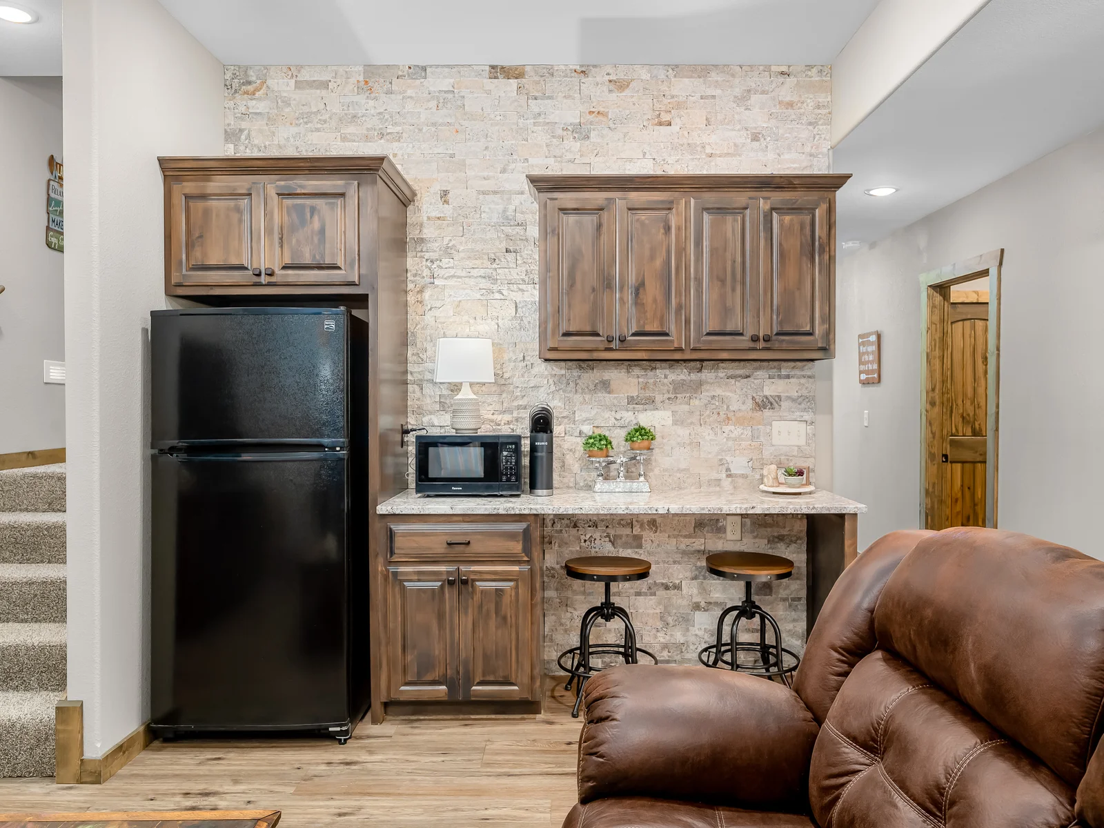 Lower level fridge and microwave along with Keurig for popcorn and hot chocolate!