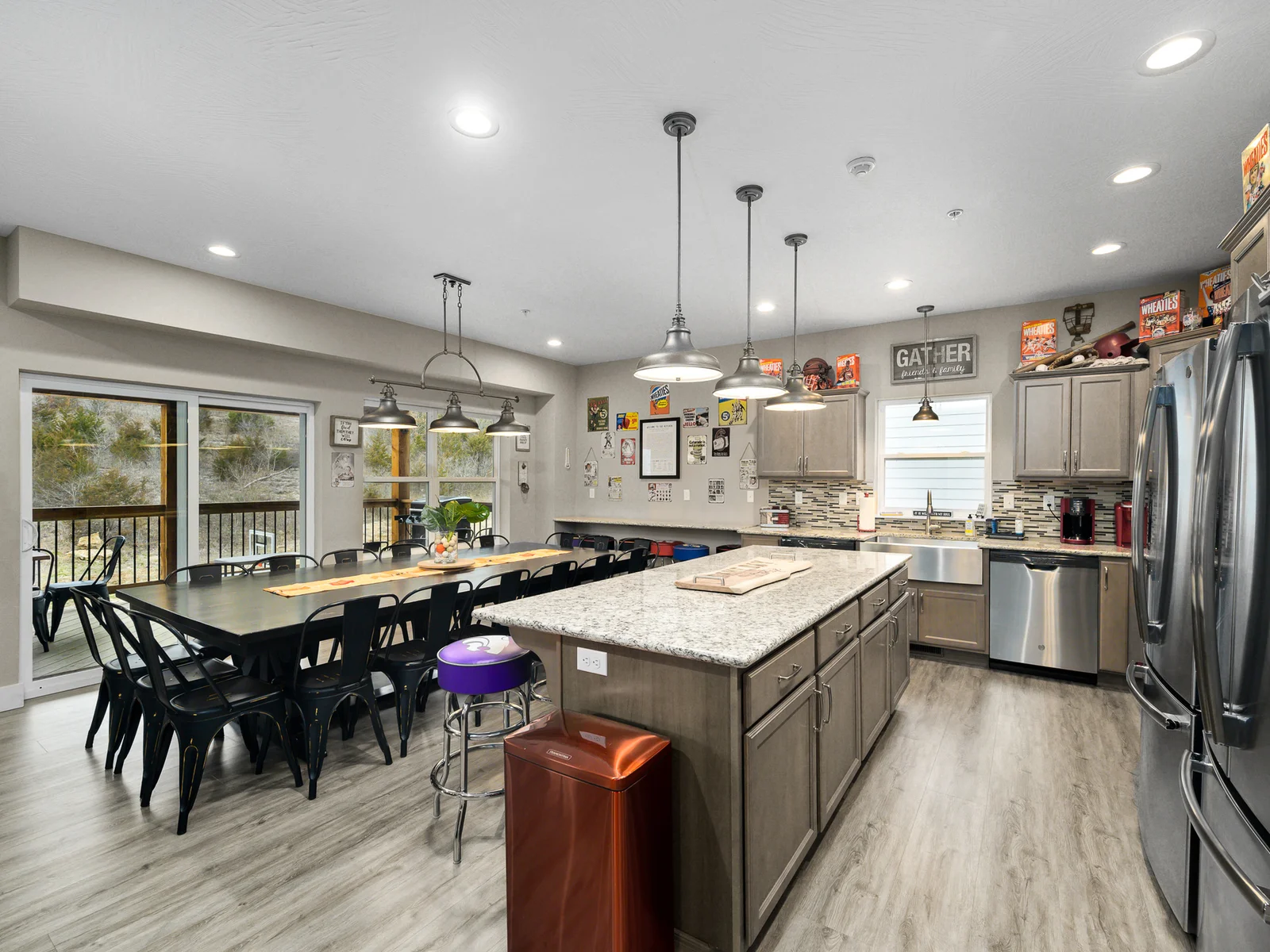 Open dining and kitchen with seating for 30
