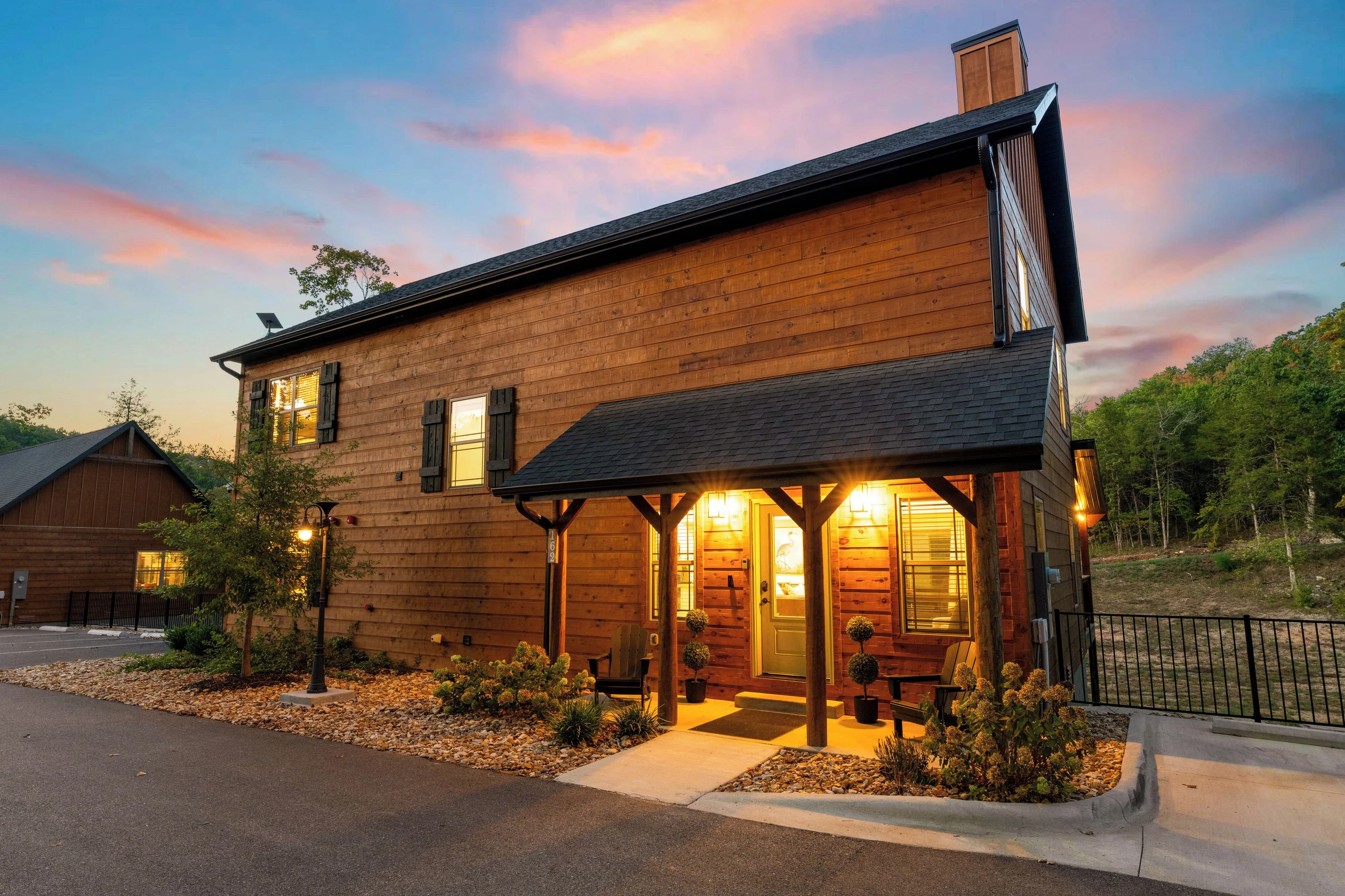 Front of the cabin at night.