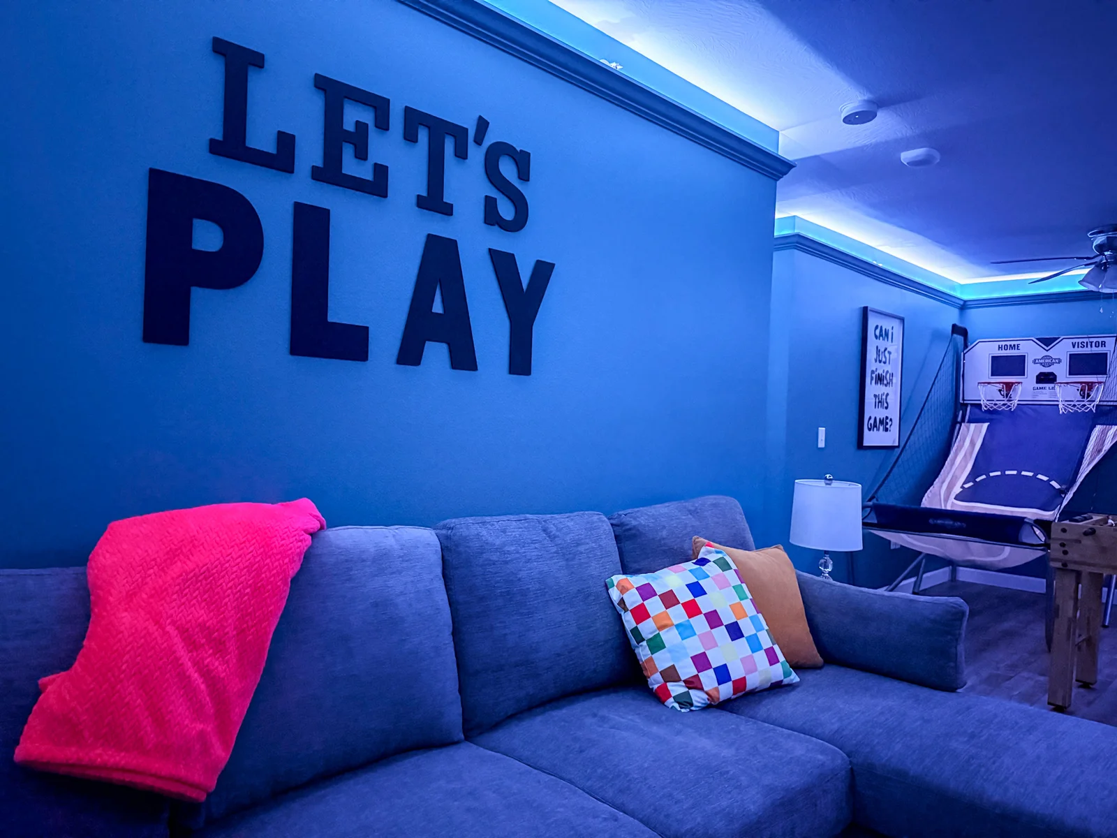 Set the mood with multi-color LED lighting on the second floor — party mode, chill mode, or let the kids pick.