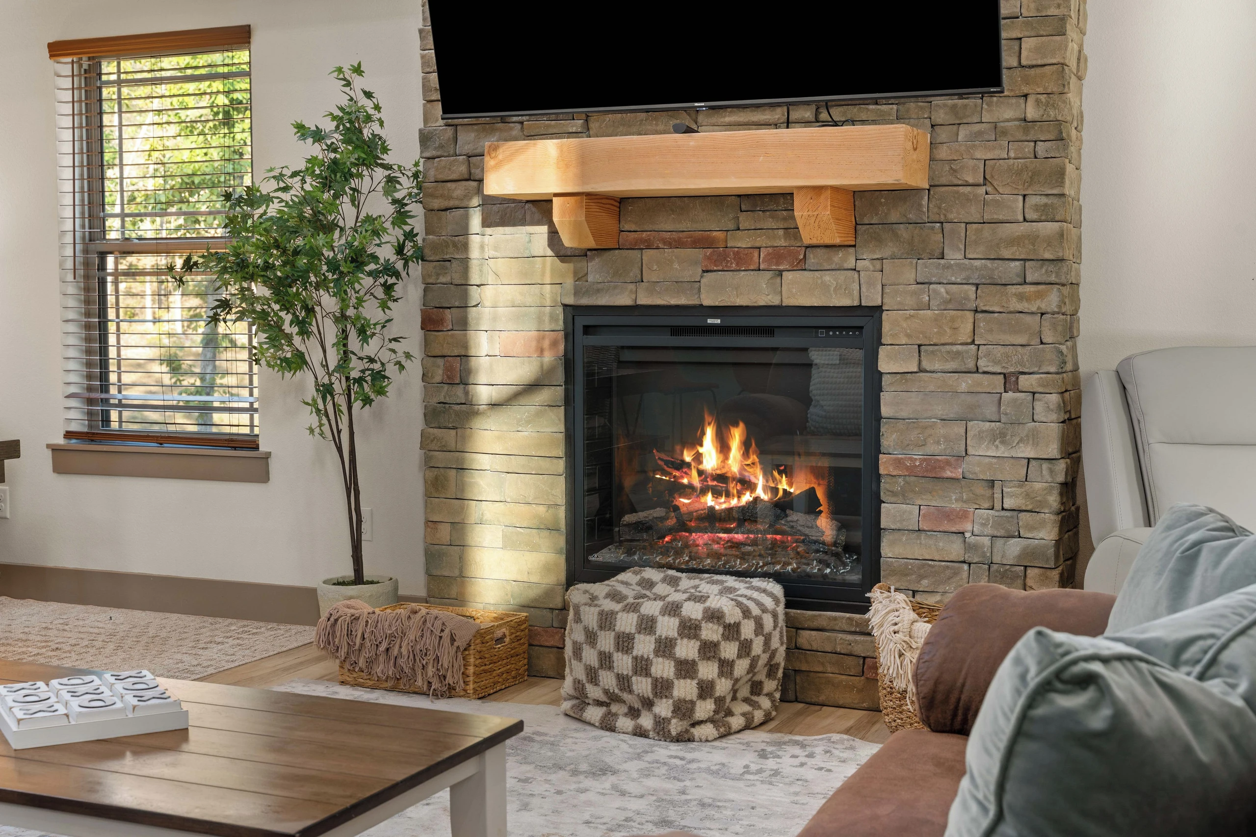 Electric fireplace adds a cozy touch to the living room
