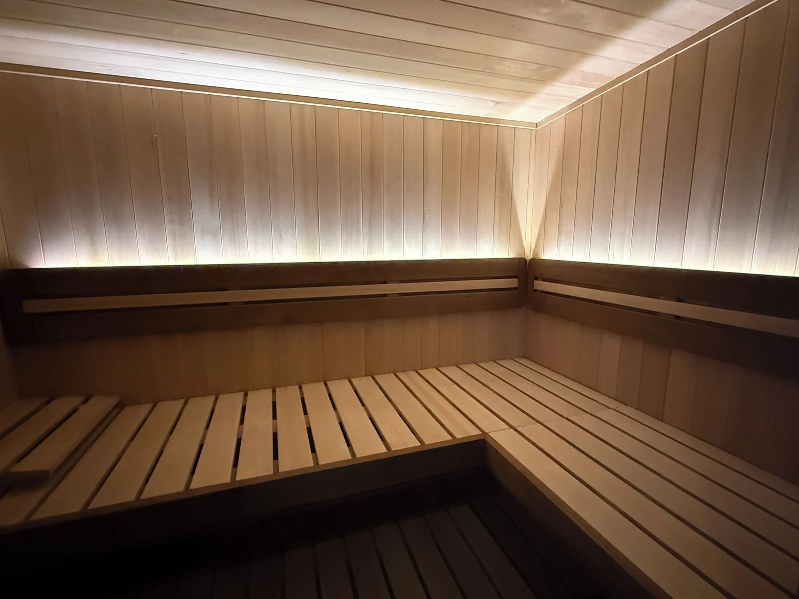 Sauna interior with lighting for evenings