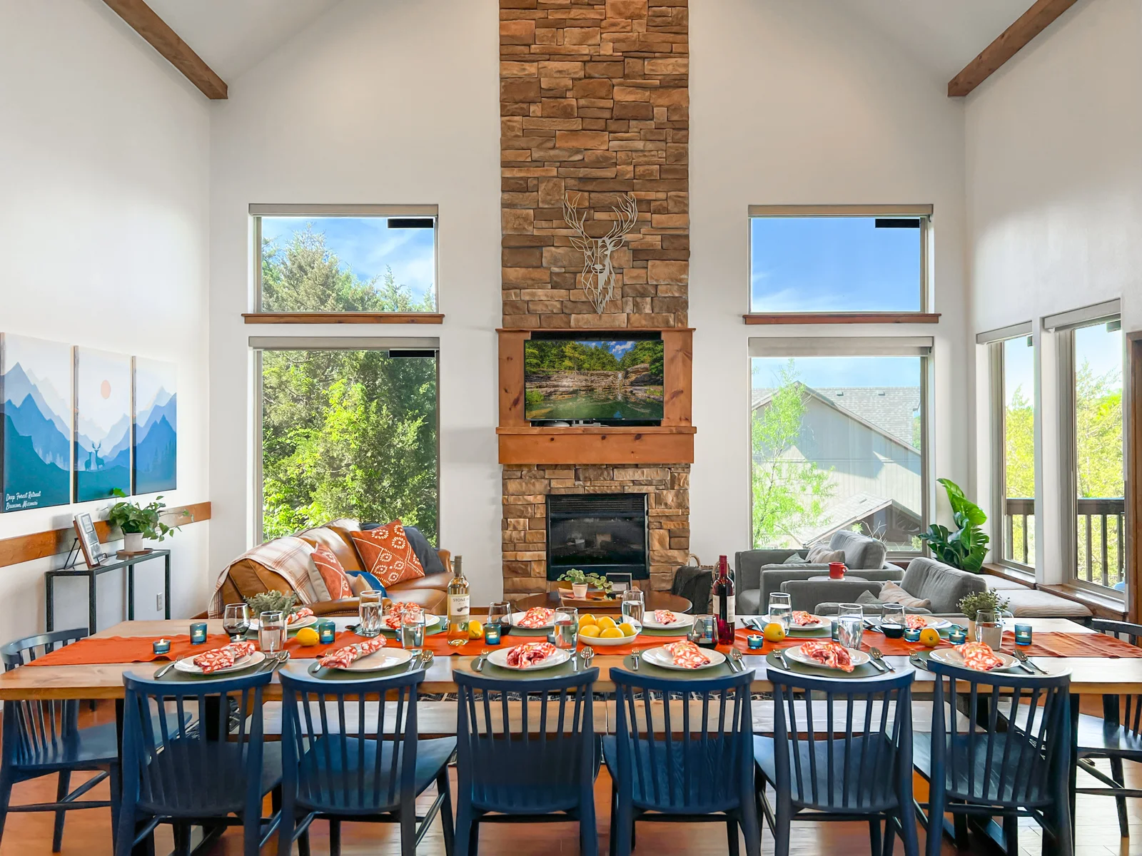 The view out of the living room windows are beautiful and there is enough space for the whole group to gather.