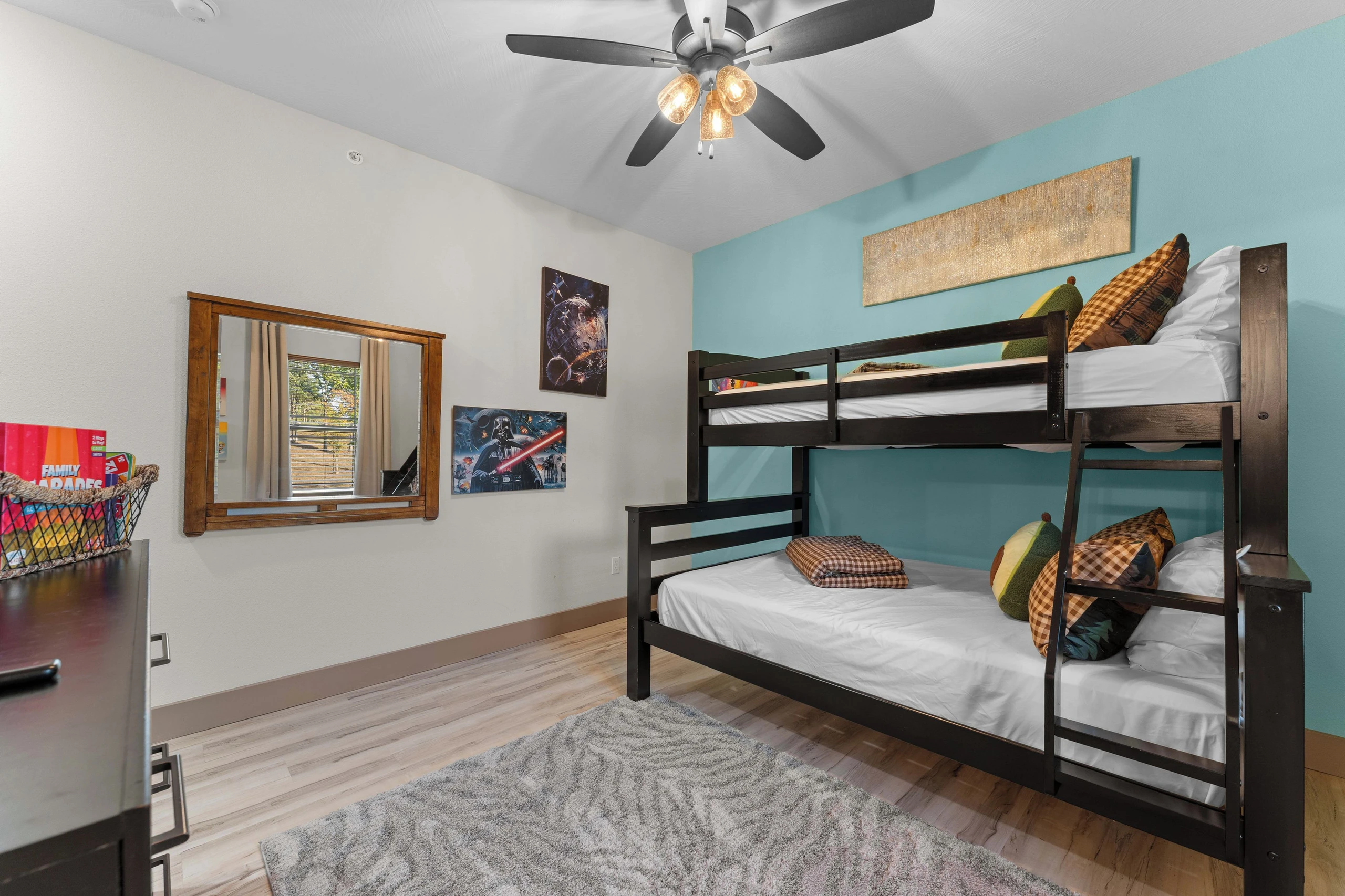 Bedroom 4, board games available on dresser.