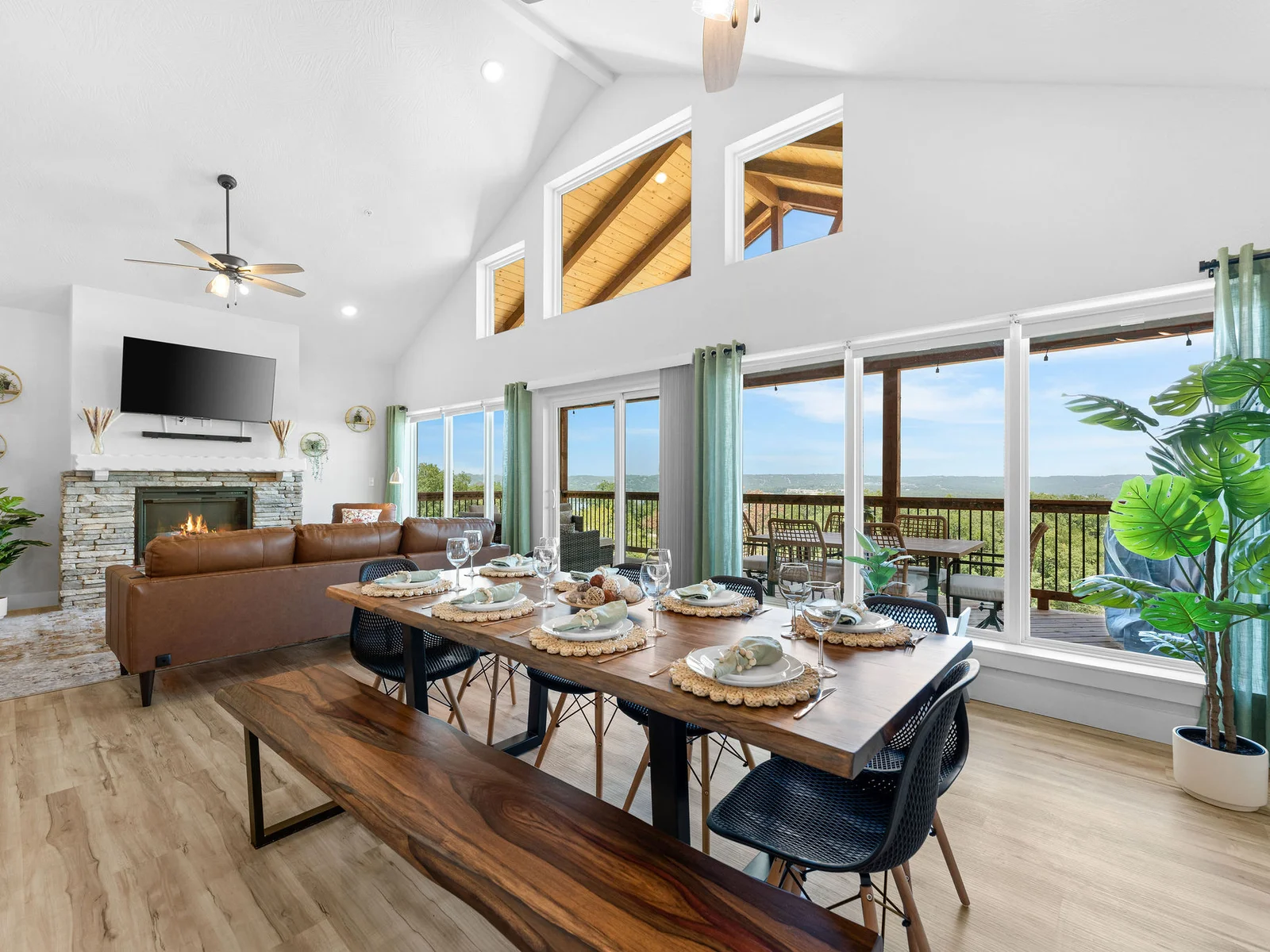 Open dining room with soaring ceilings!