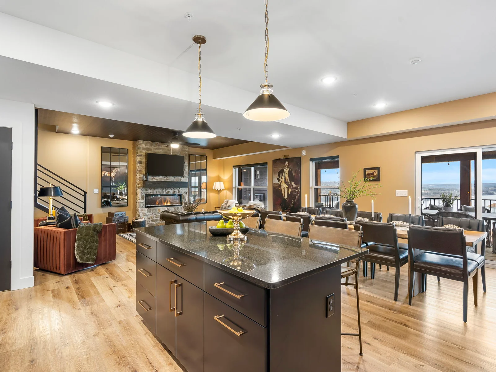 Open kitchen, dining, and living area