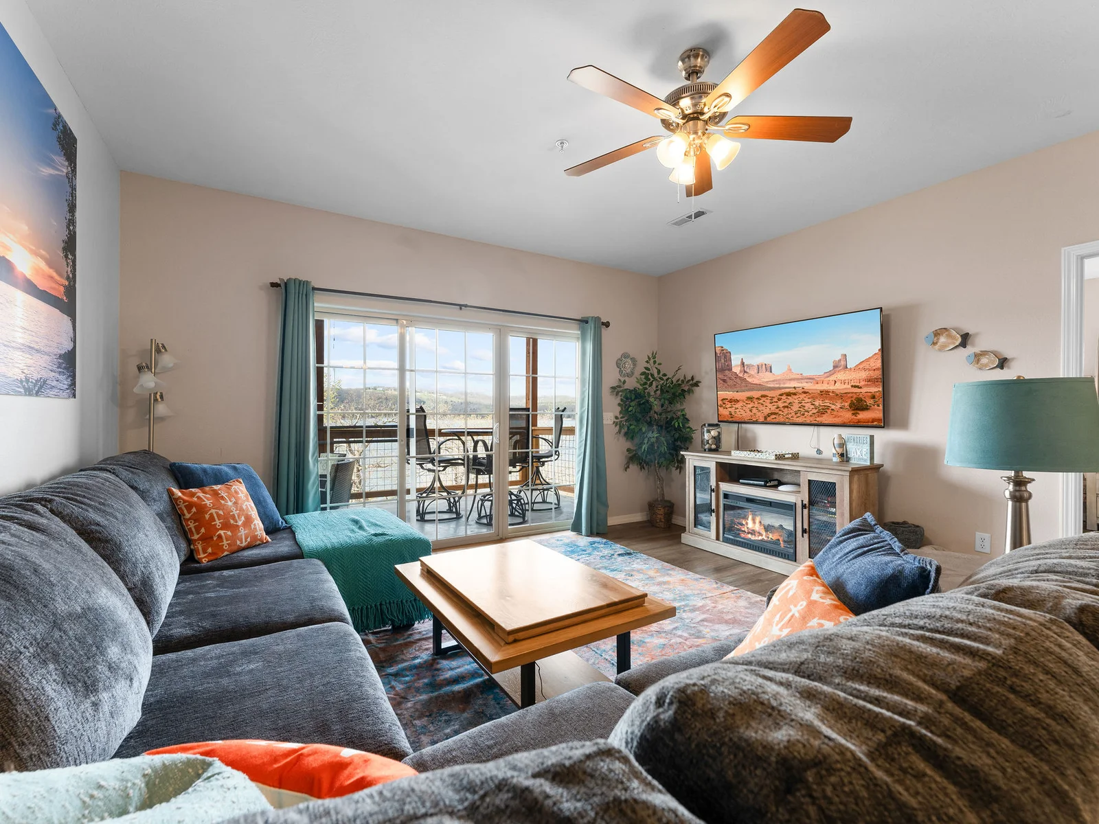 Talk about a room with a view! An electric fireplace, Infinity Game Table and 65" smart TV!