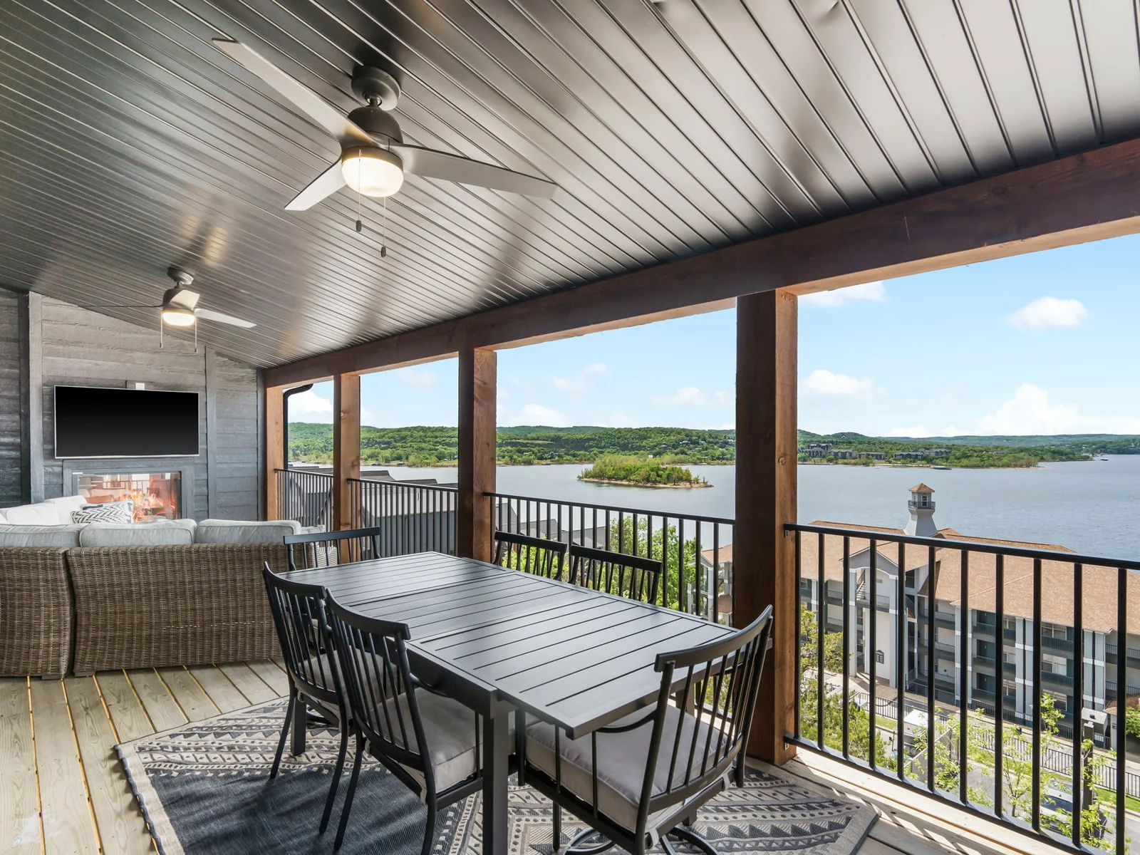 Main deck with TV and electric fireplace