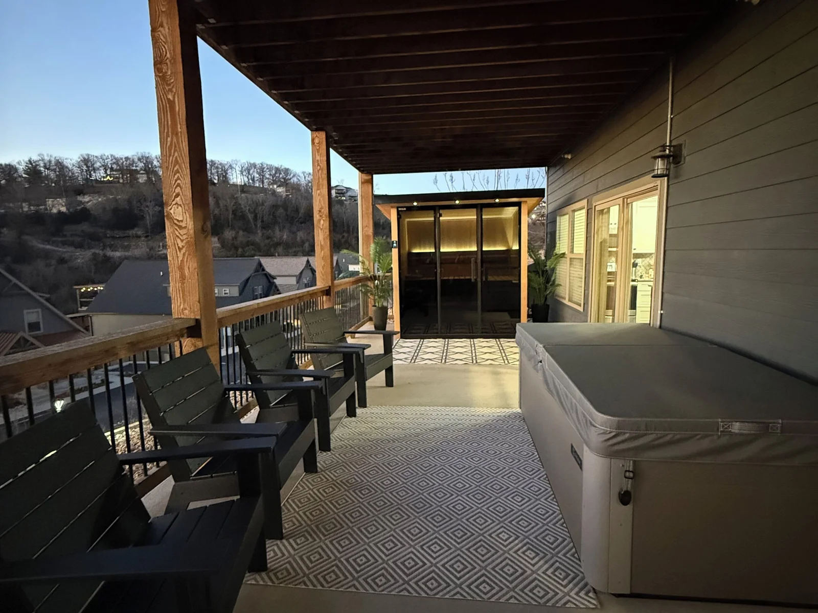 Back patio with Sauna, Cold Plunge, Hot Tub, and seating to enjoy the sunsets