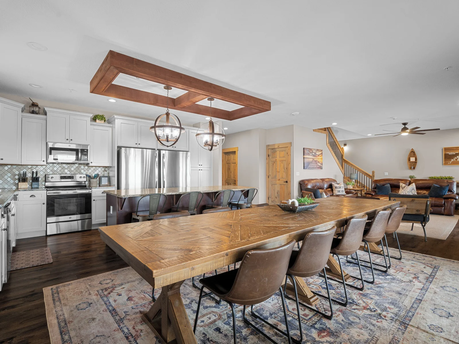 Main level kitchen. Two full-size refrigerators, two dishwashers, oven/ceramic glass cooktop, microwave, drip coffee maker, Keurig, and Nespresso. Stocked with small appliances, cookware, bakeware, utensils, dishes, glassware, mugs, and more!